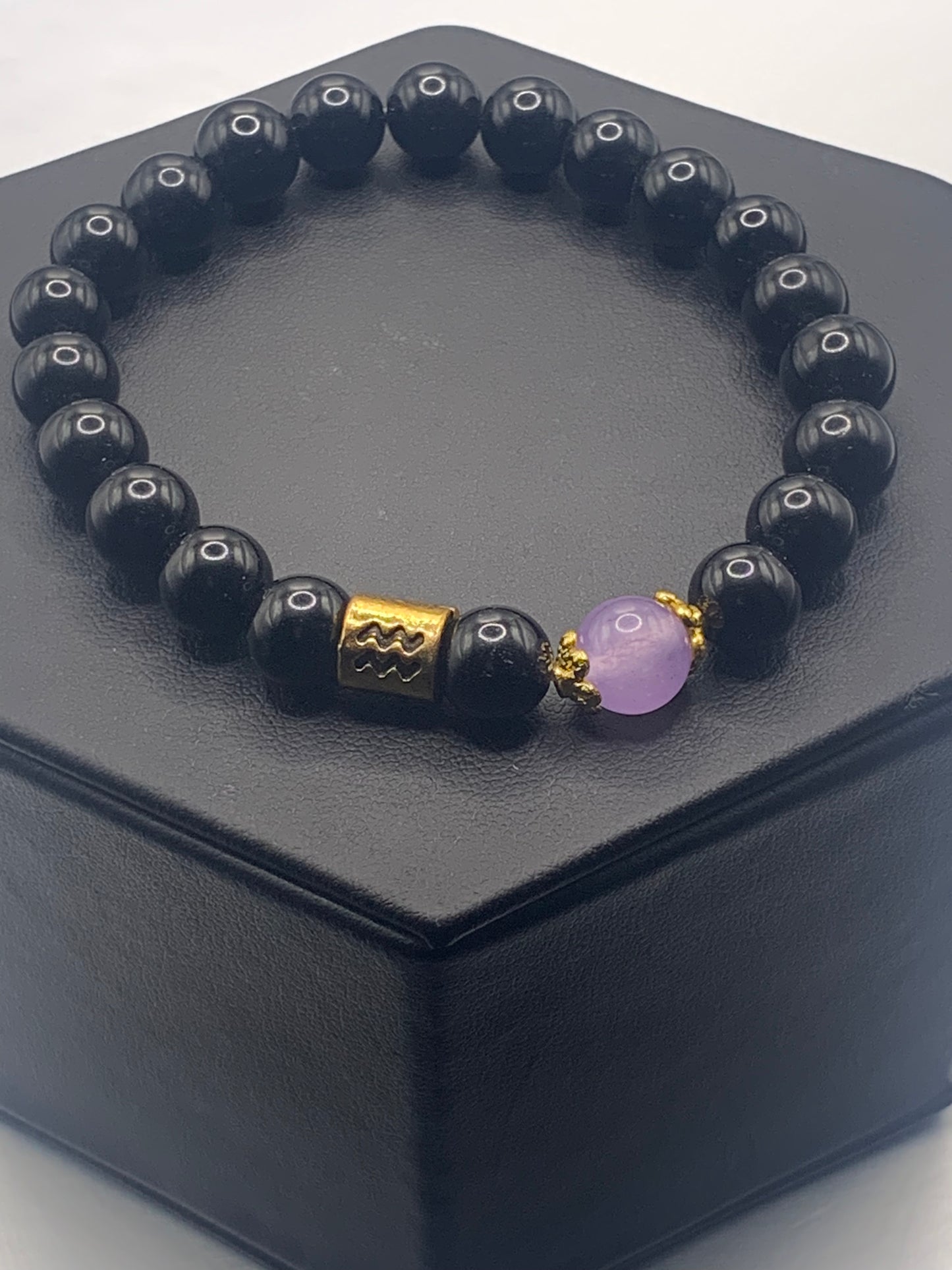 Aquarius Zodiac black obsidian with lavender agate semi precious stone/crystal elastic beaded bracelet with gold accents