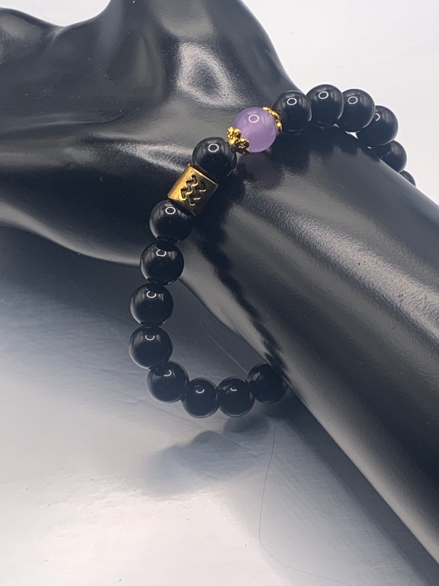 Aquarius Zodiac black obsidian with lavender agate semi precious stone/crystal elastic beaded bracelet with gold accents