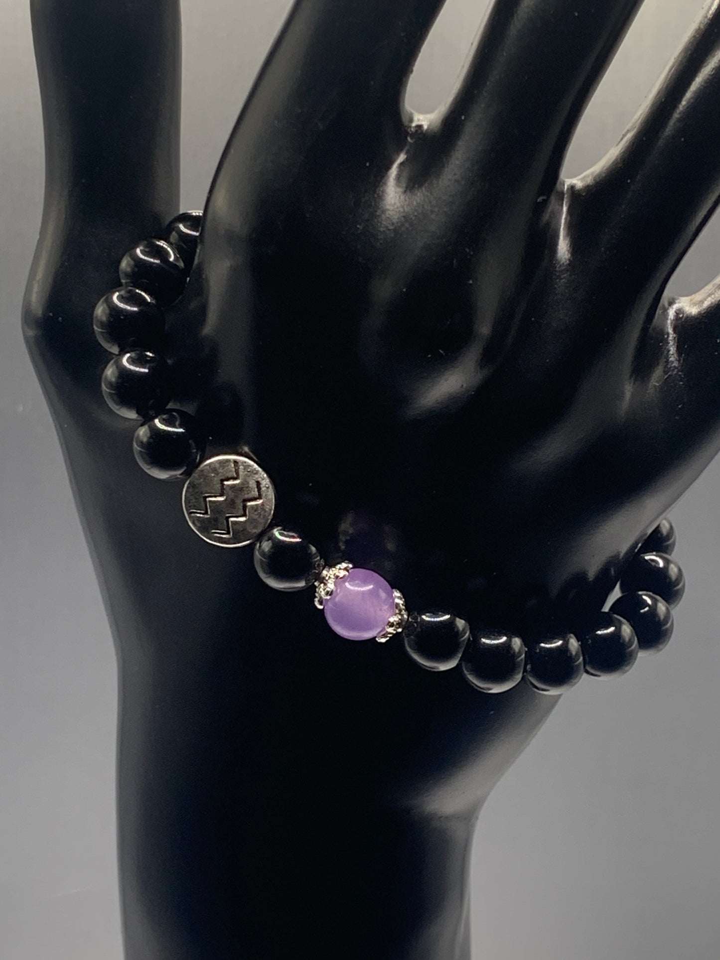 Aquarius Zodiac black obsidian with lavender agate semi precious stone/crystal elastic beaded bracelet with silver accents