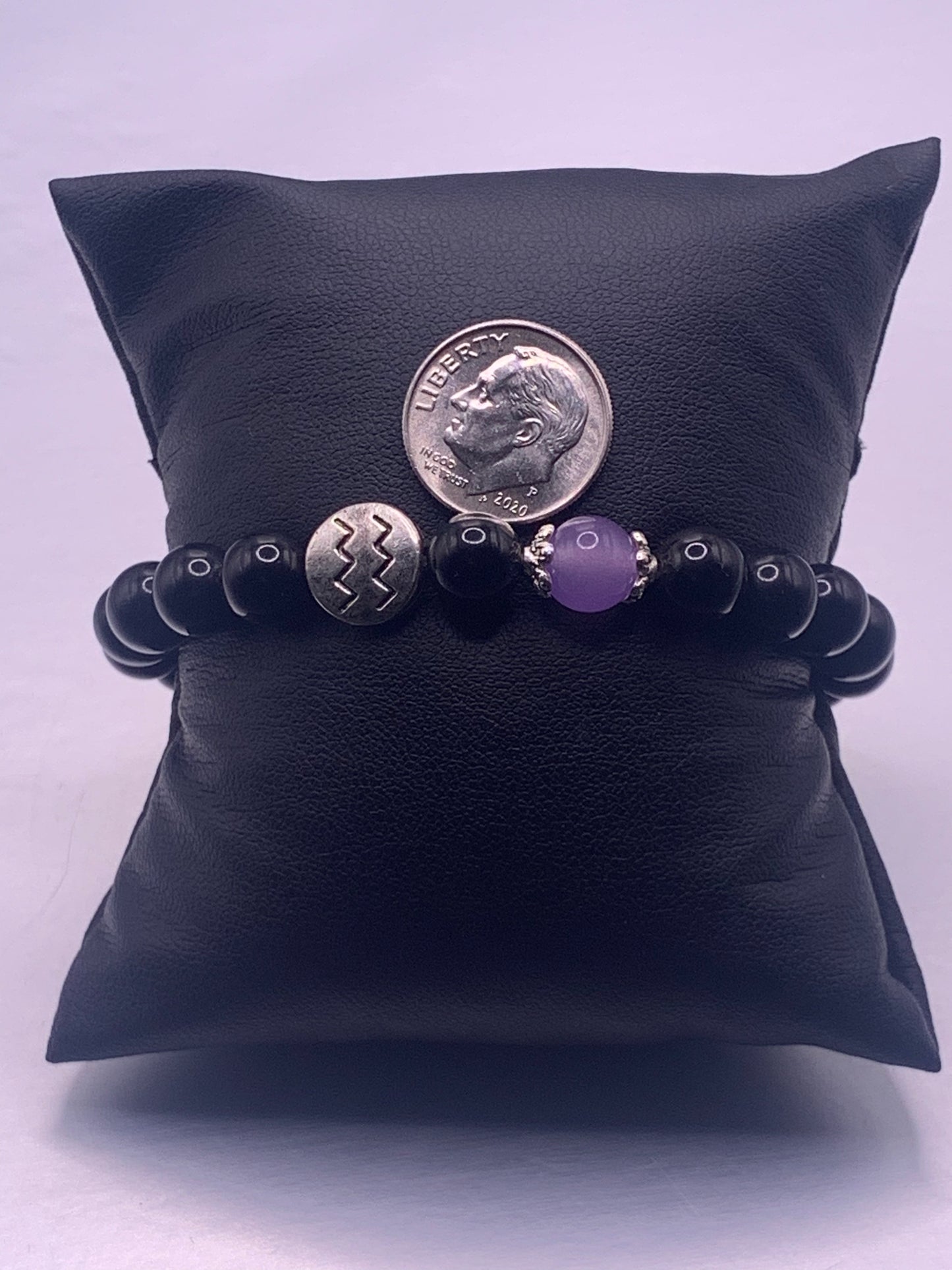 Aquarius Zodiac black obsidian with lavender agate semi precious stone/crystal elastic beaded bracelet with silver accents