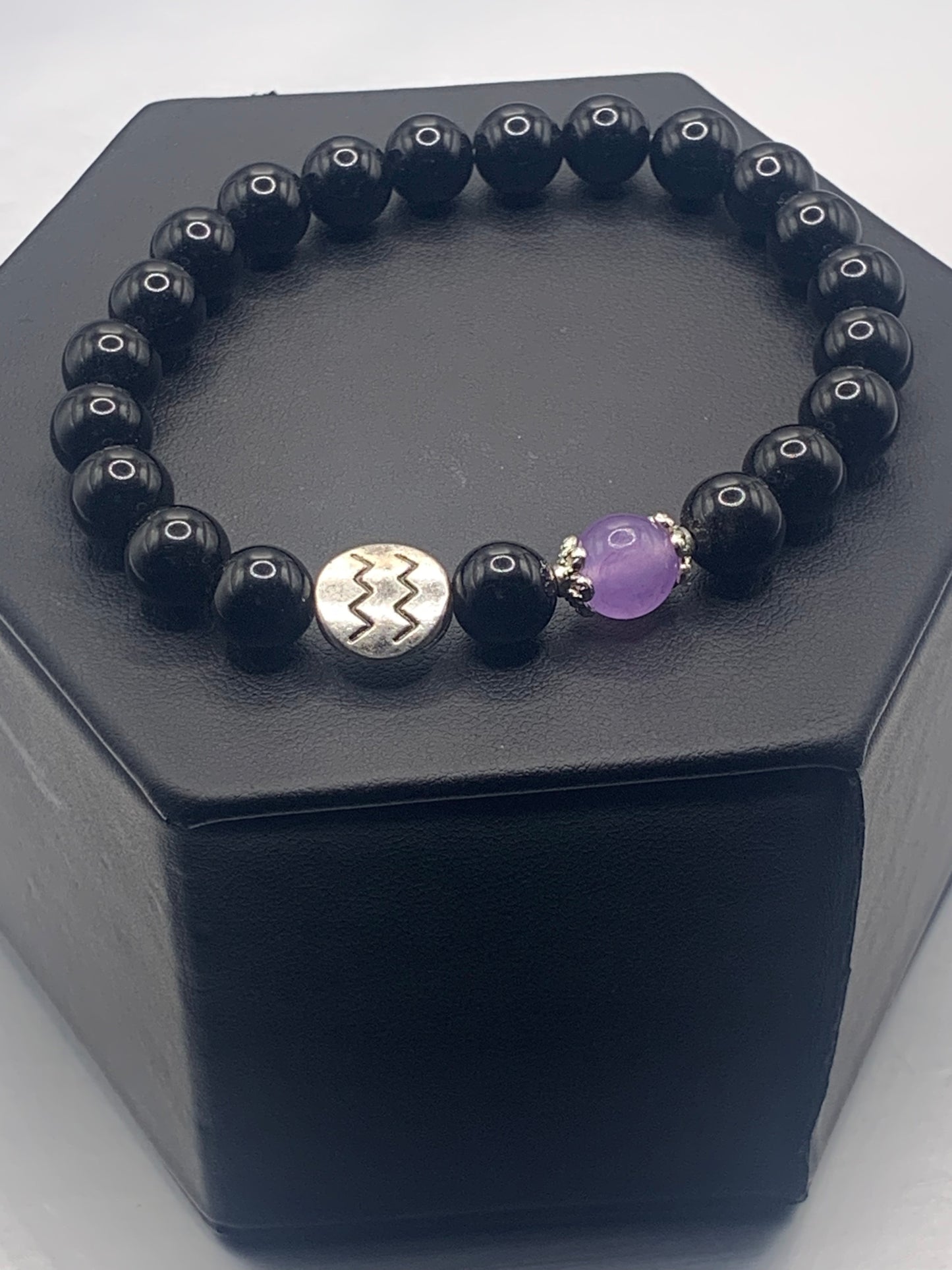 Aquarius Zodiac black obsidian with lavender agate semi precious stone/crystal elastic beaded bracelet with silver accents