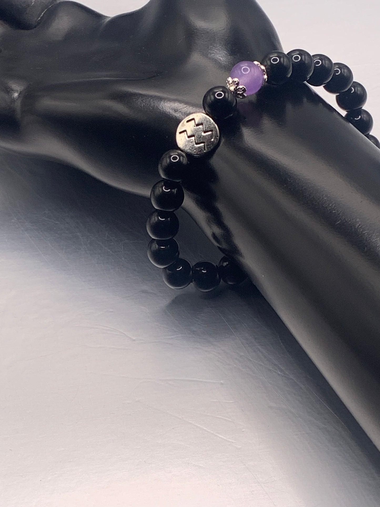 Aquarius Zodiac black obsidian with lavender agate semi precious stone/crystal elastic beaded bracelet with silver accents
