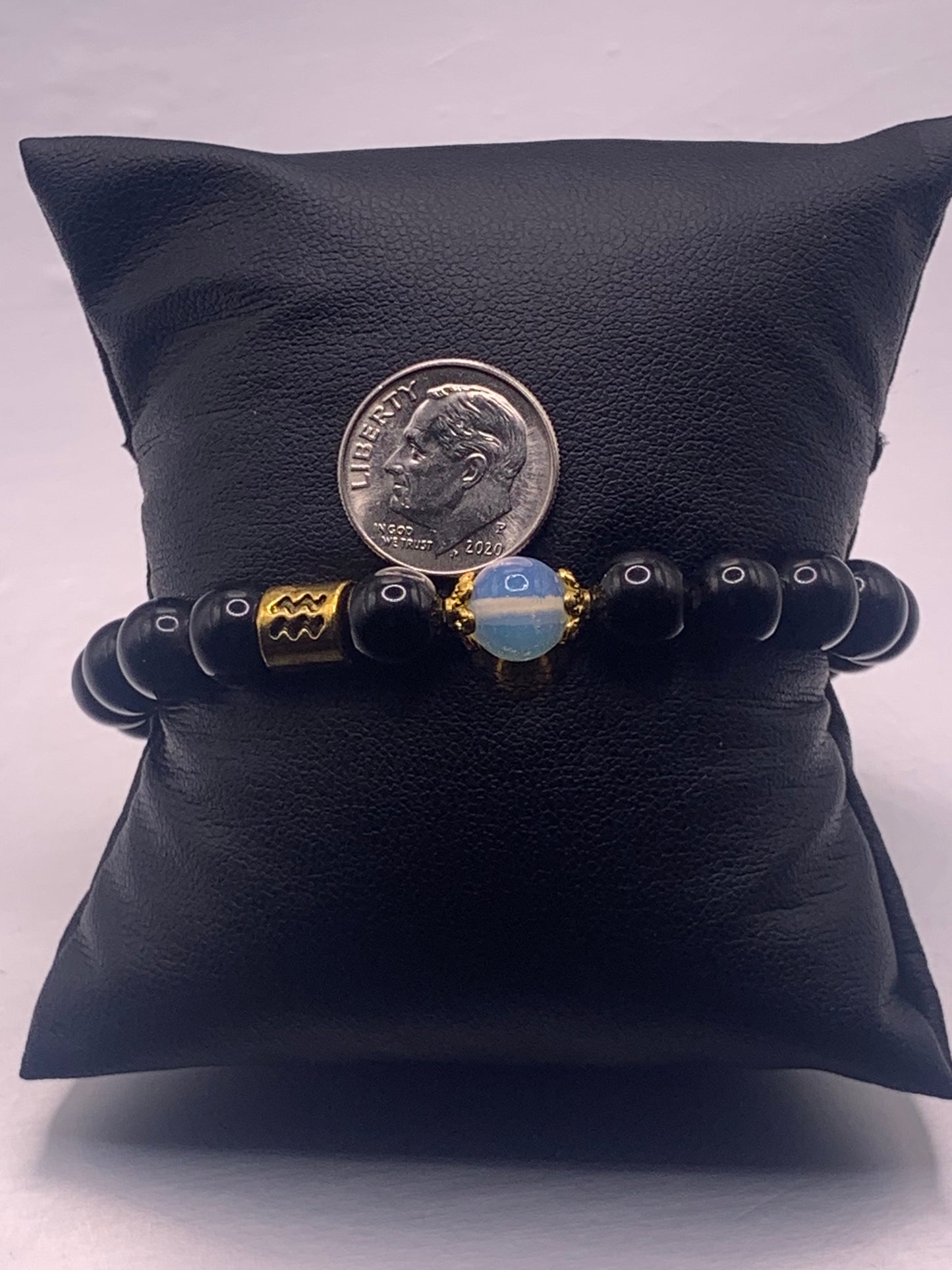 Aquarius Zodiac black obsidian with opalite semi precious stone/crystal elastic beaded bracelet with gold accents