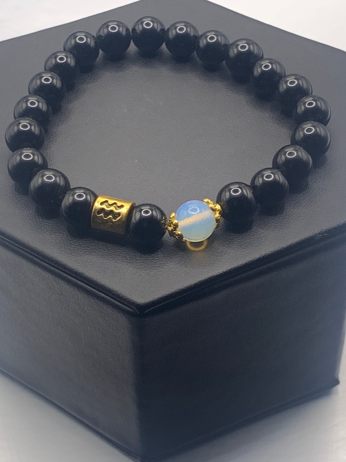 Aquarius Zodiac black obsidian with opalite semi precious stone/crystal elastic beaded bracelet with gold accents