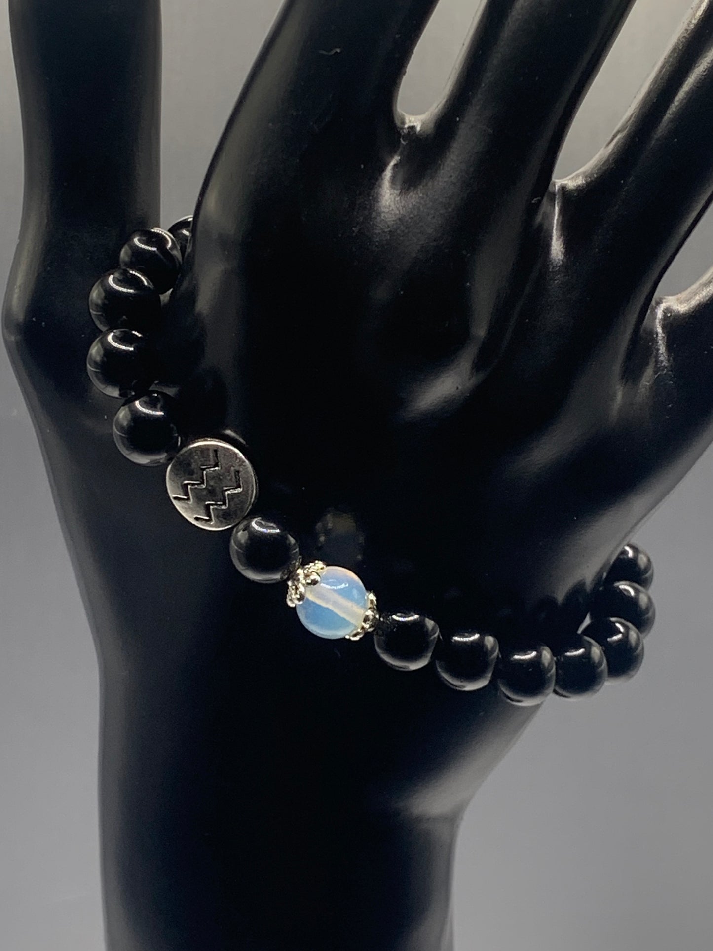 Aquarius Zodiac black obsidian with opalite semi precious stone/crystal elastic beaded bracelet with silver accents