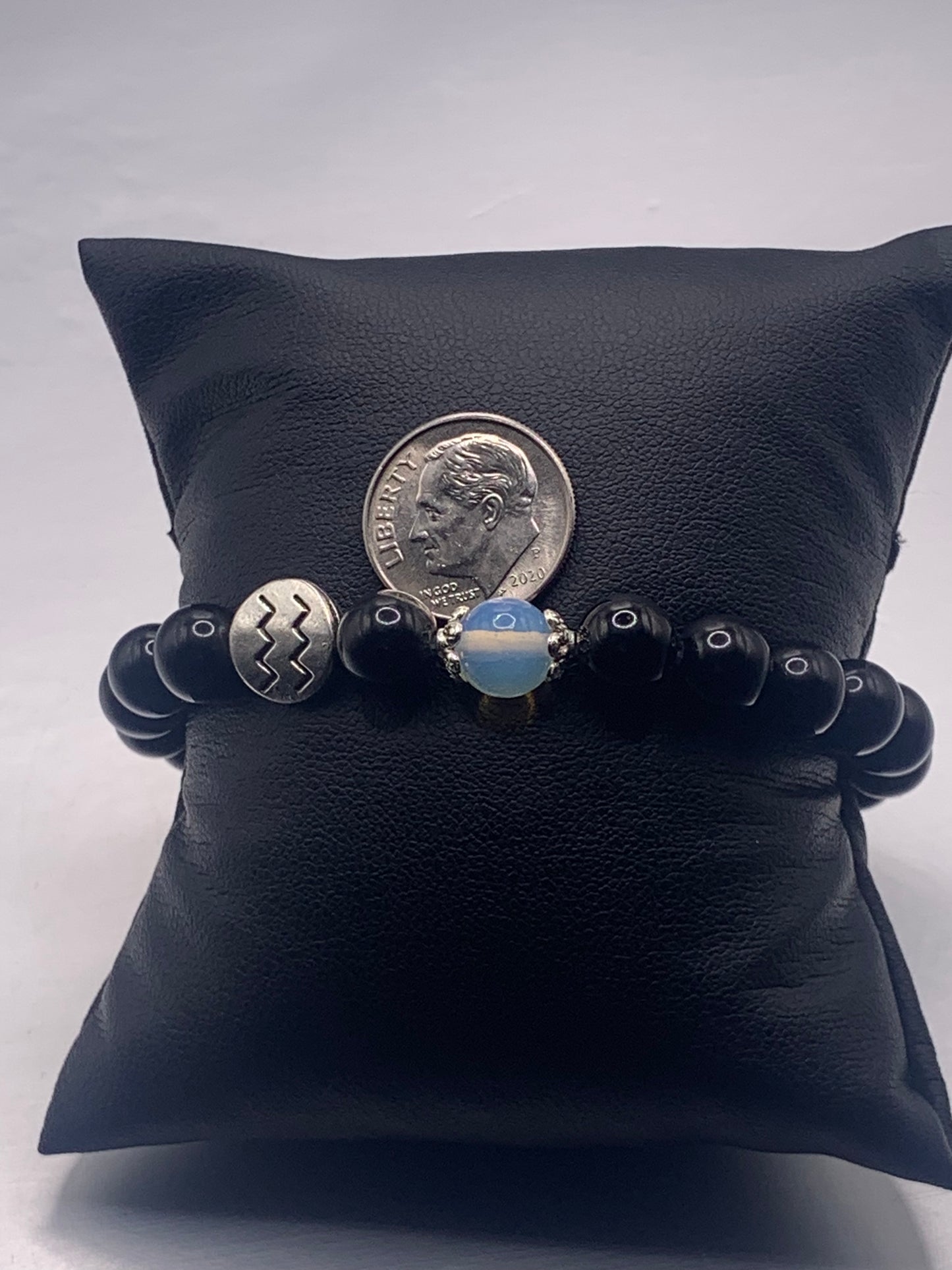 Aquarius Zodiac black obsidian with opalite semi precious stone/crystal elastic beaded bracelet with silver accents