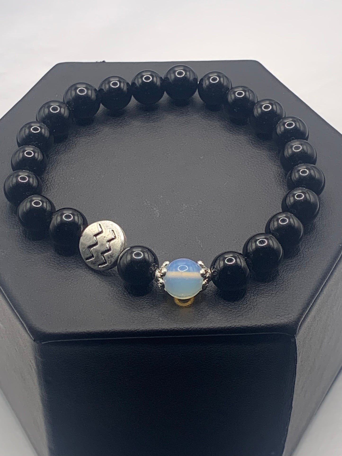 Aquarius Zodiac black obsidian with opalite semi precious stone/crystal elastic beaded bracelet with silver accents