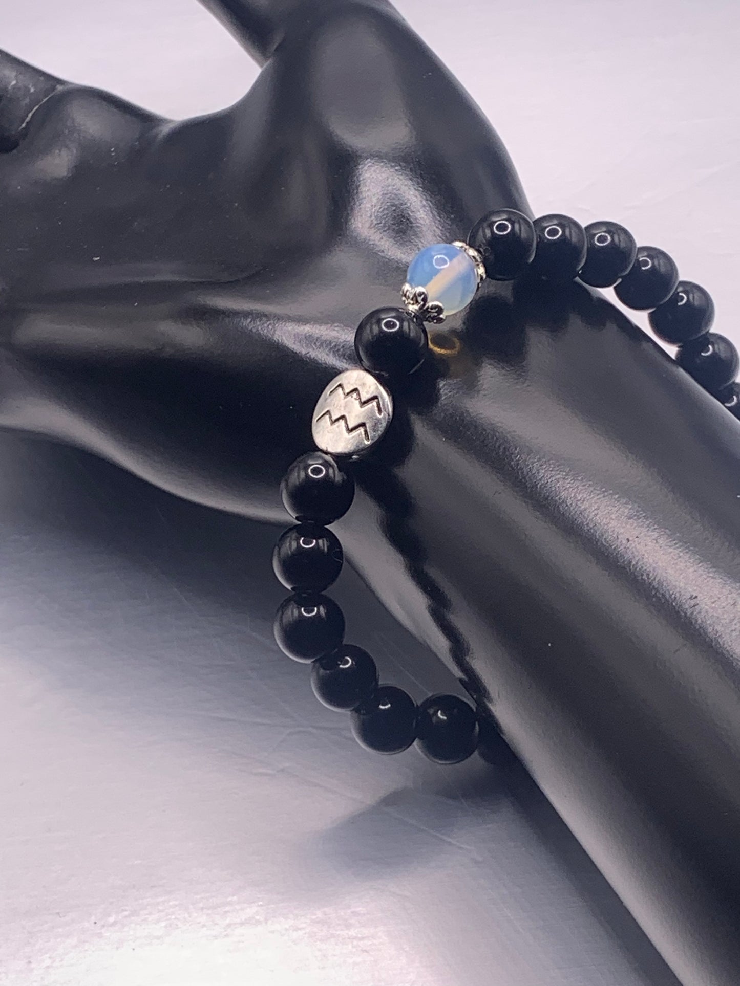 Aquarius Zodiac black obsidian with opalite semi precious stone/crystal elastic beaded bracelet with silver accents