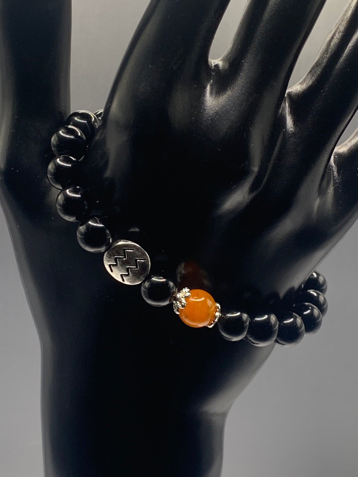 Aquarius Zodiac black obsidian with orange agate semi precious stone/crystal elastic beaded bracelet with silver accents