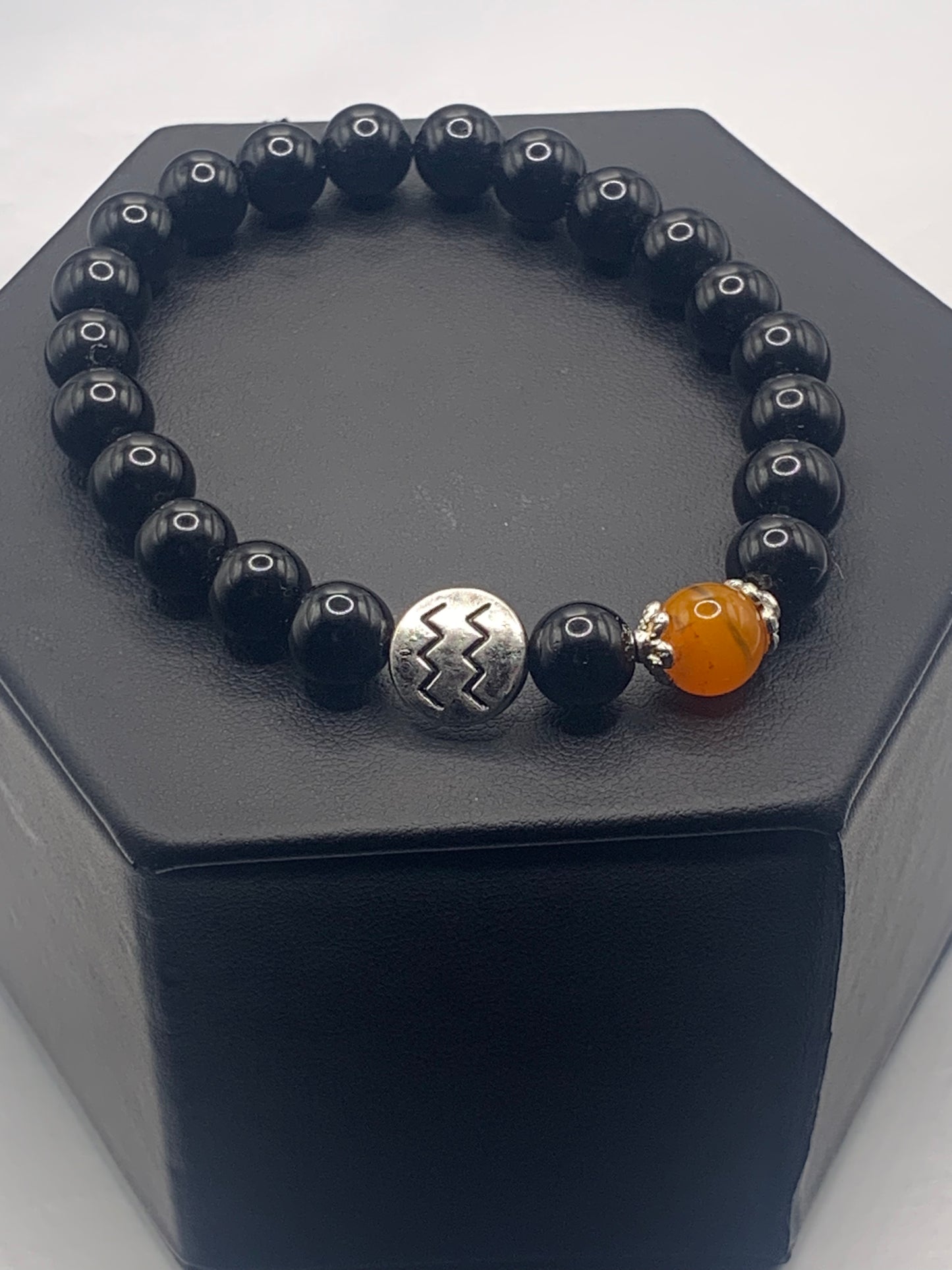 Aquarius Zodiac black obsidian with orange agate semi precious stone/crystal elastic beaded bracelet with silver accents