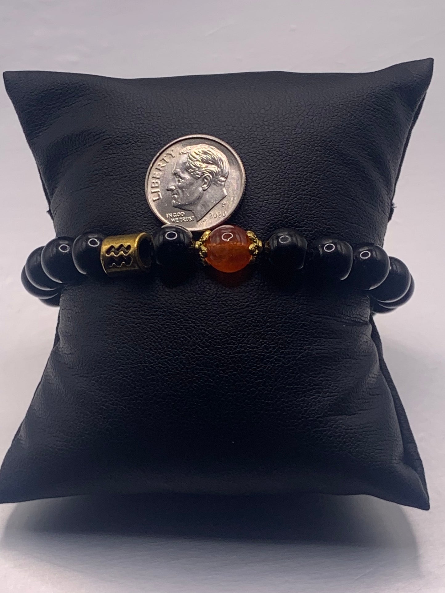Aquarius Zodiac black obsidian with phoenix agate semi precious stone/crystal elastic beaded bracelet with gold accents