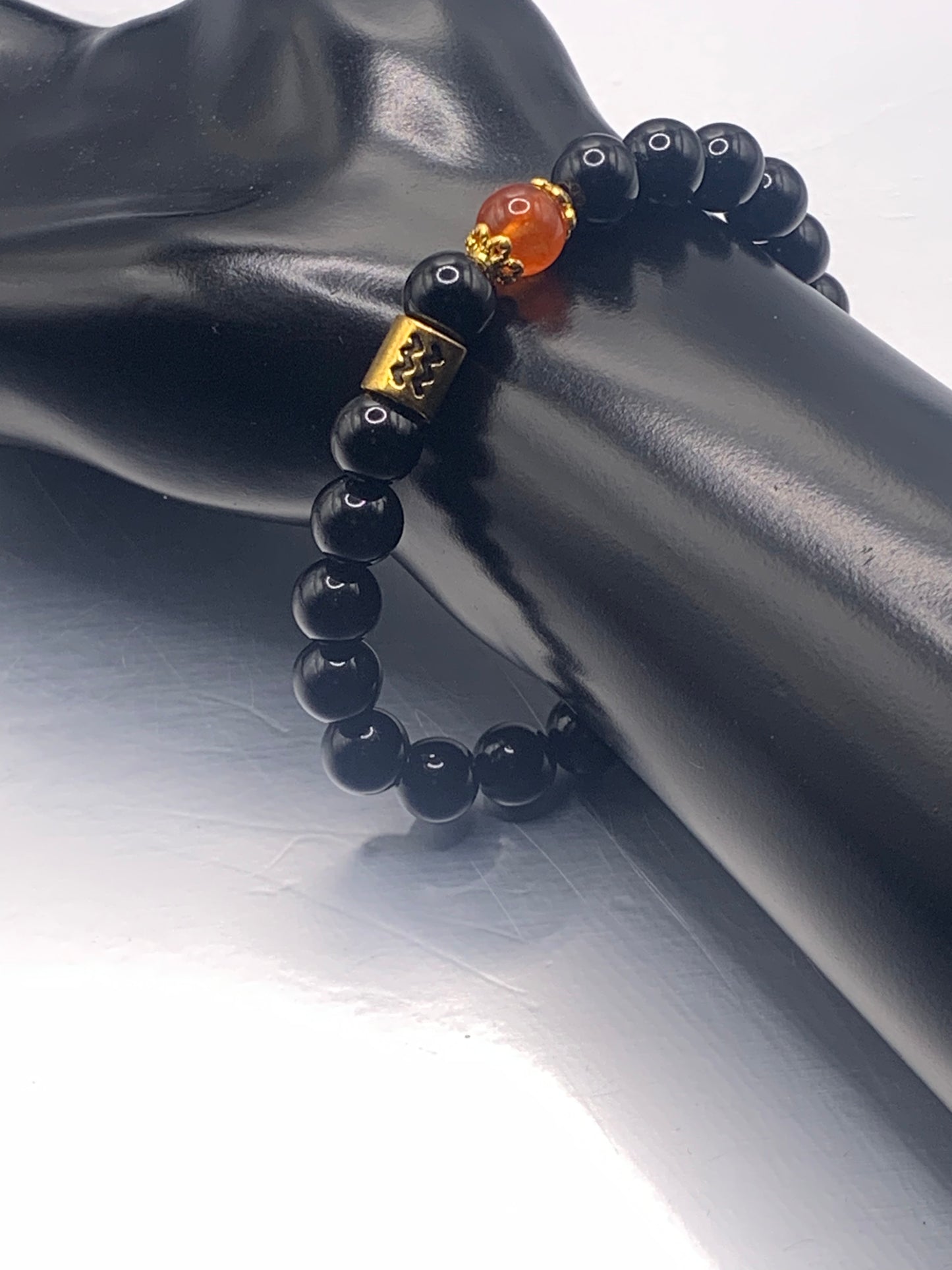 Aquarius Zodiac black obsidian with phoenix agate semi precious stone/crystal elastic beaded bracelet with gold accents
