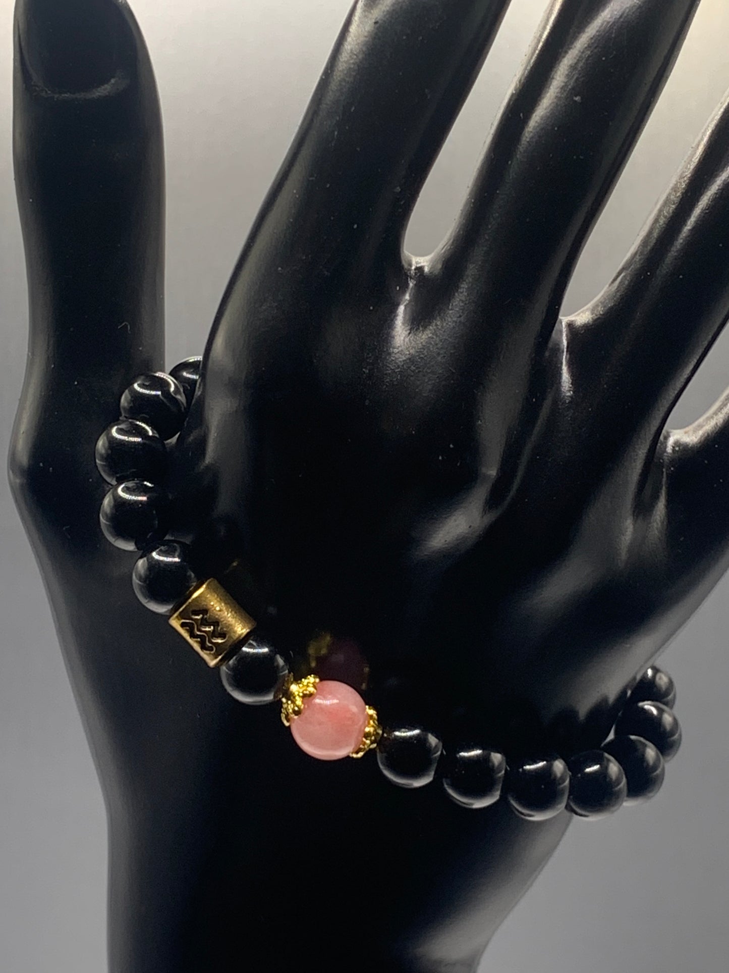 Aquarius Zodiac black obsidian with pink chalcedony semi precious stone/crystal elastic beaded bracelet with gold accents