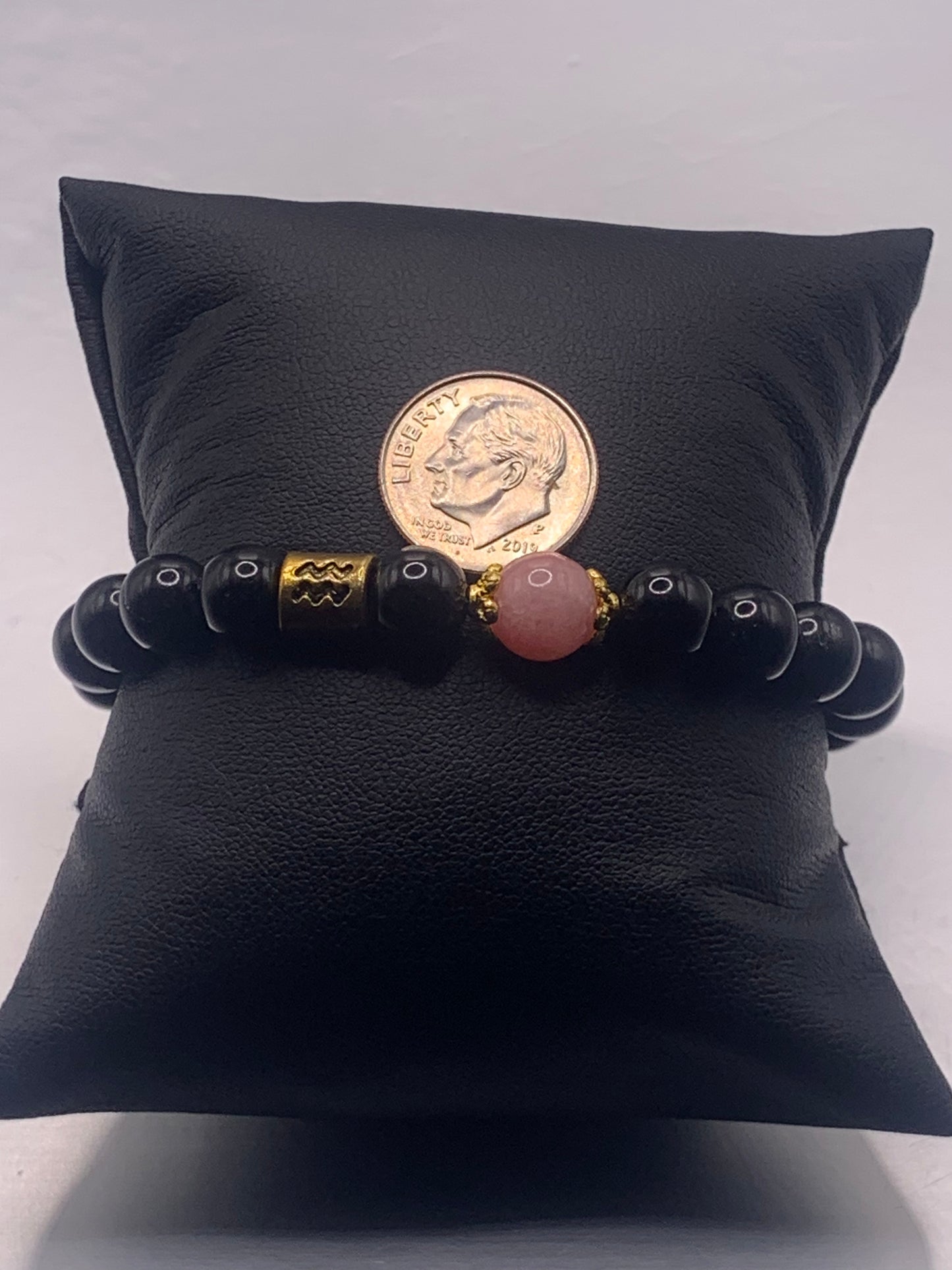 Aquarius Zodiac black obsidian with pink chalcedony semi precious stone/crystal elastic beaded bracelet with gold accents