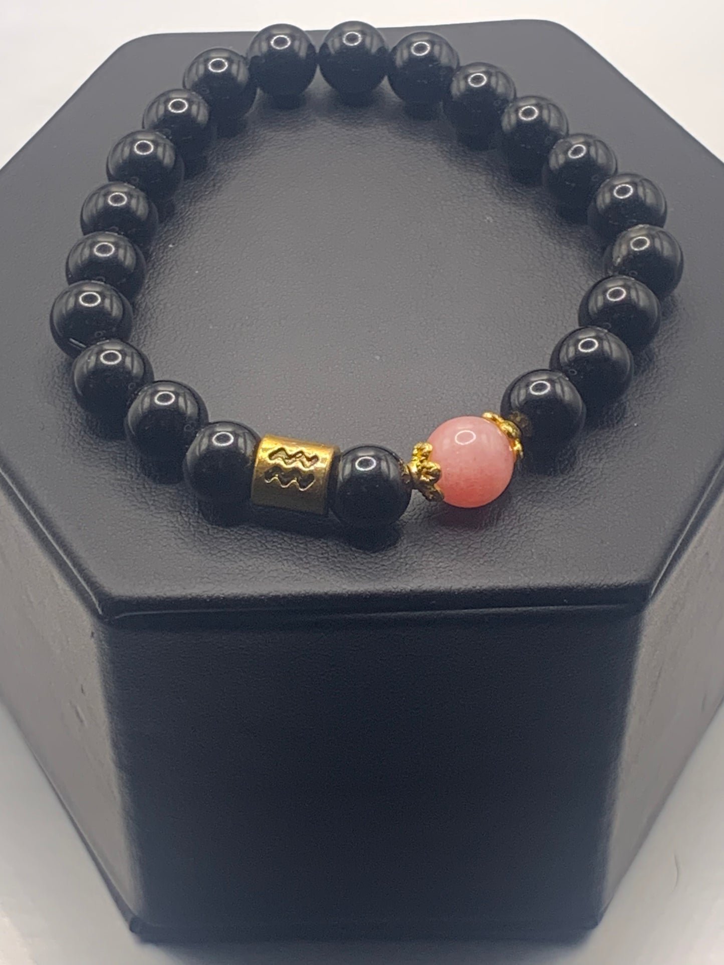 Aquarius Zodiac black obsidian with pink chalcedony semi precious stone/crystal elastic beaded bracelet with gold accents