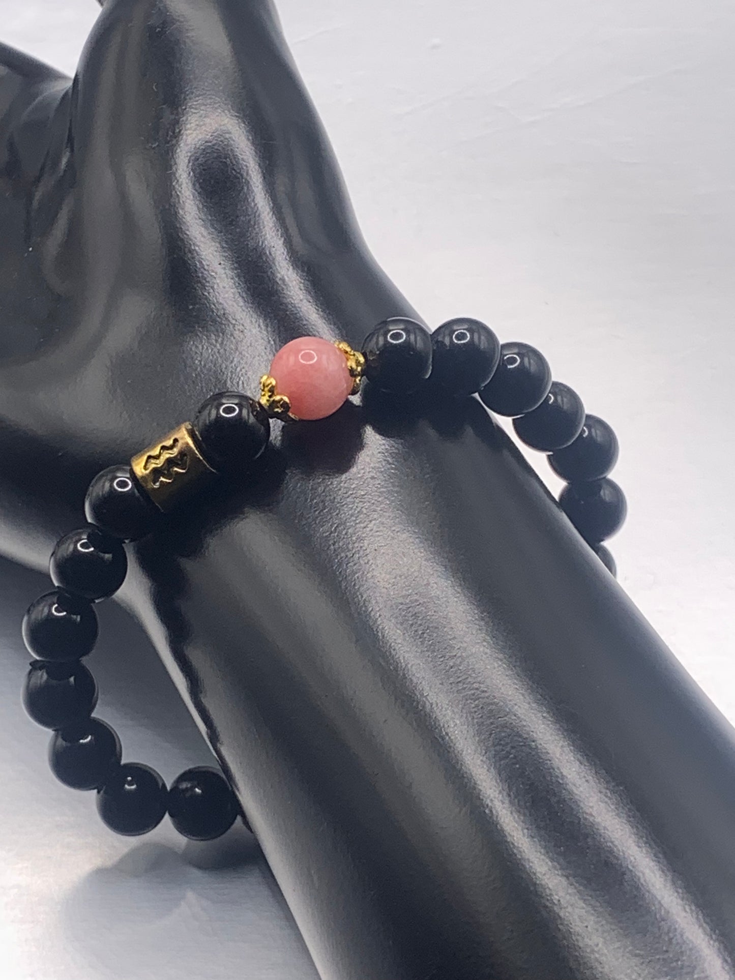 Aquarius Zodiac black obsidian with pink chalcedony semi precious stone/crystal elastic beaded bracelet with gold accents