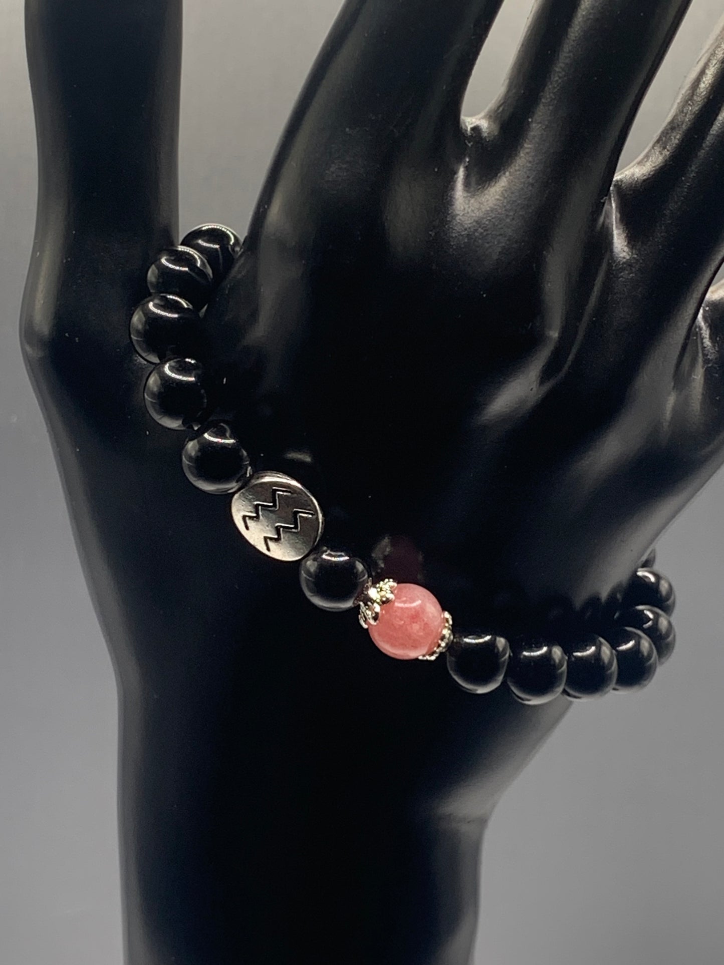Aquarius Zodiac black obsidian with pink chalcedony semi precious stone/crystal elastic beaded bracelet with silver accents