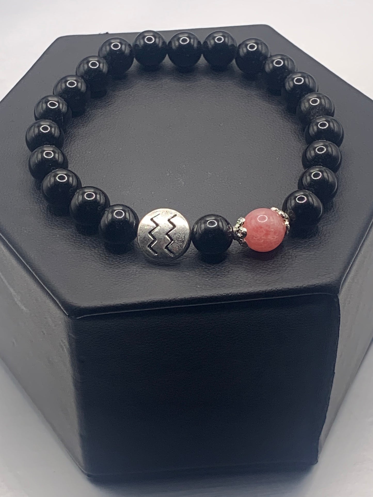 Aquarius Zodiac black obsidian with pink chalcedony semi precious stone/crystal elastic beaded bracelet with silver accents