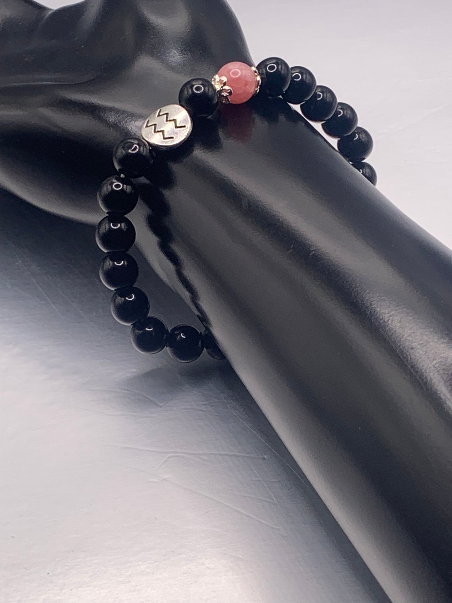 Aquarius Zodiac black obsidian with pink chalcedony semi precious stone/crystal elastic beaded bracelet with silver accents