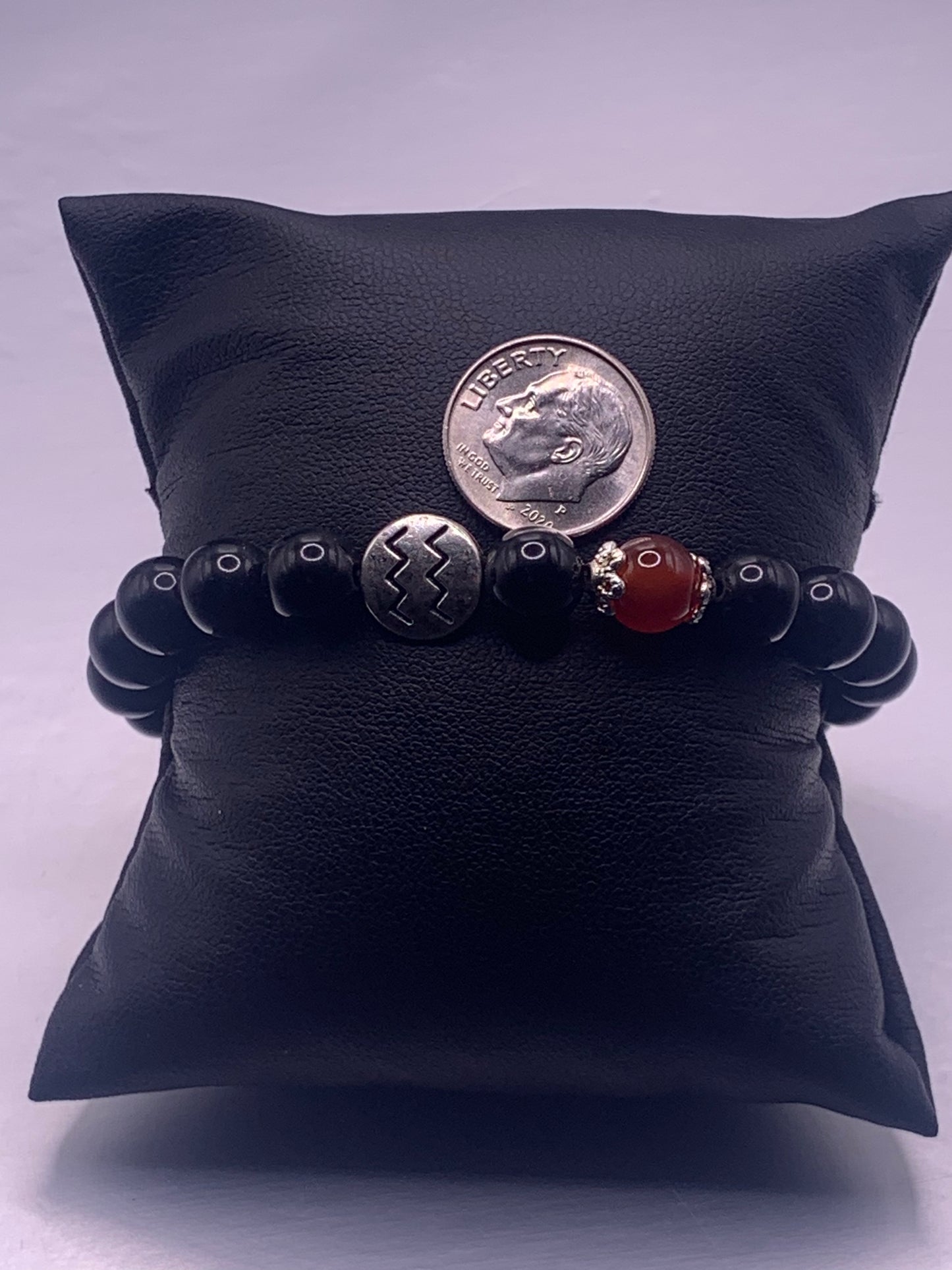 Aquarius Zodiac black obsidian with red agate semi precious stone/crystal elastic beaded bracelet with silver accents