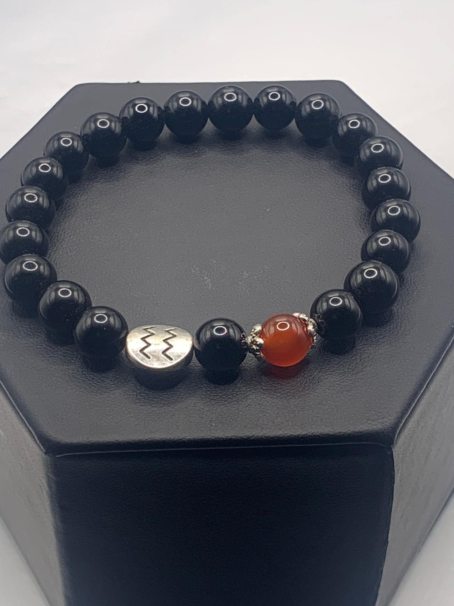 Aquarius Zodiac black obsidian with red agate semi precious stone/crystal elastic beaded bracelet with silver accents