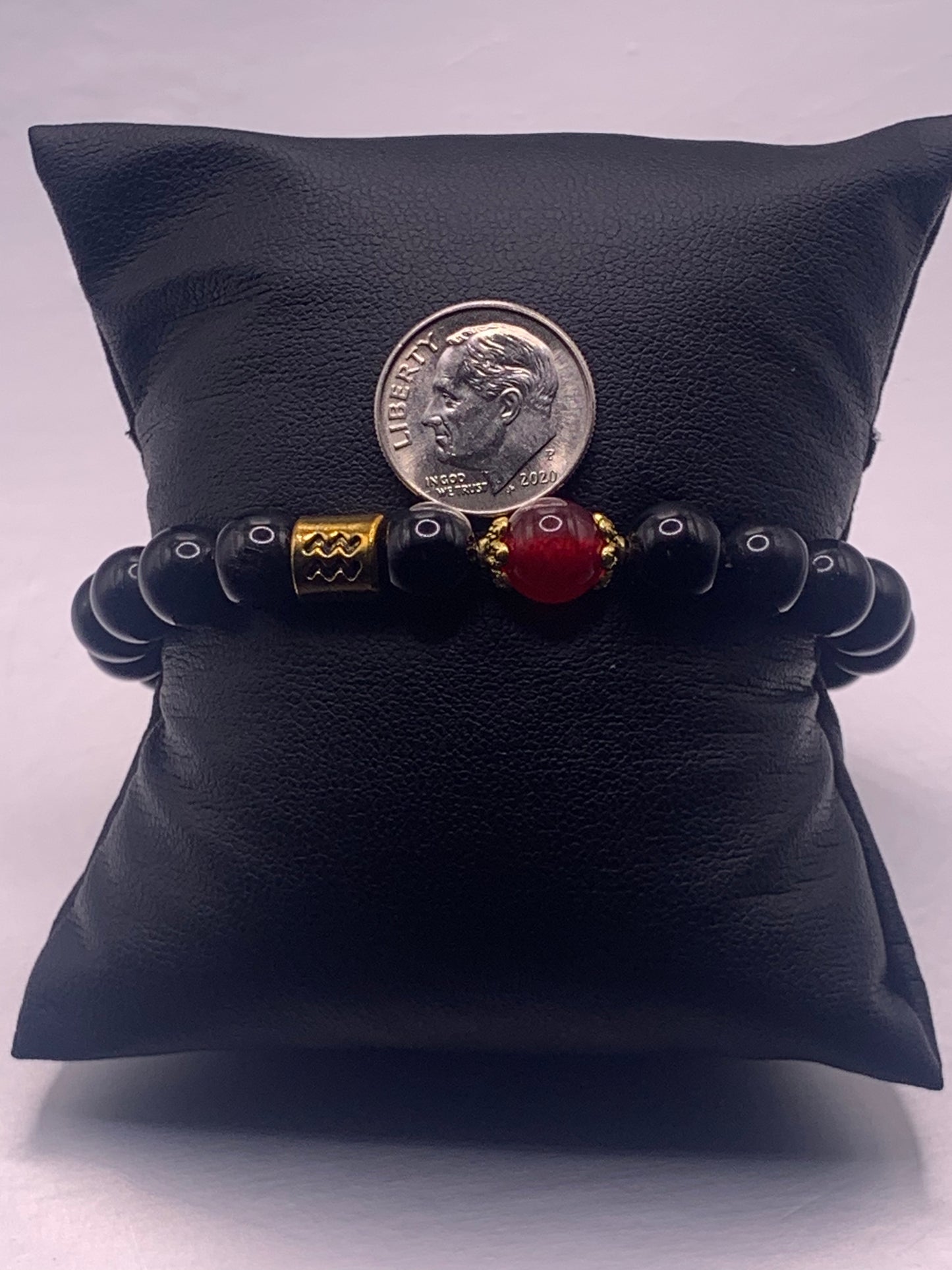 Aquarius Zodiac black obsidian with red chalcedony semi precious stone/crystal elastic beaded bracelet with gold accents