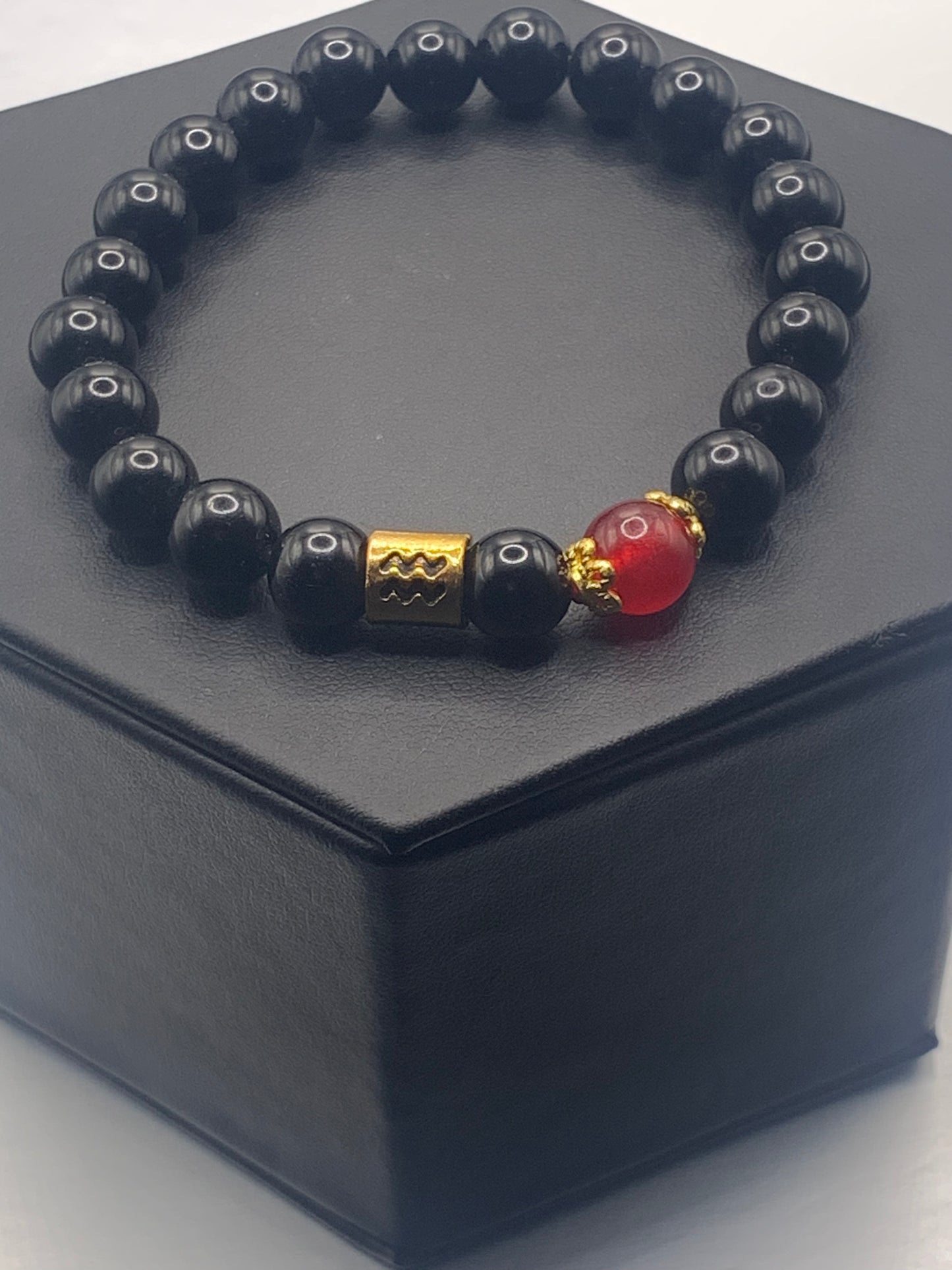 Aquarius Zodiac black obsidian with red chalcedony semi precious stone/crystal elastic beaded bracelet with gold accents