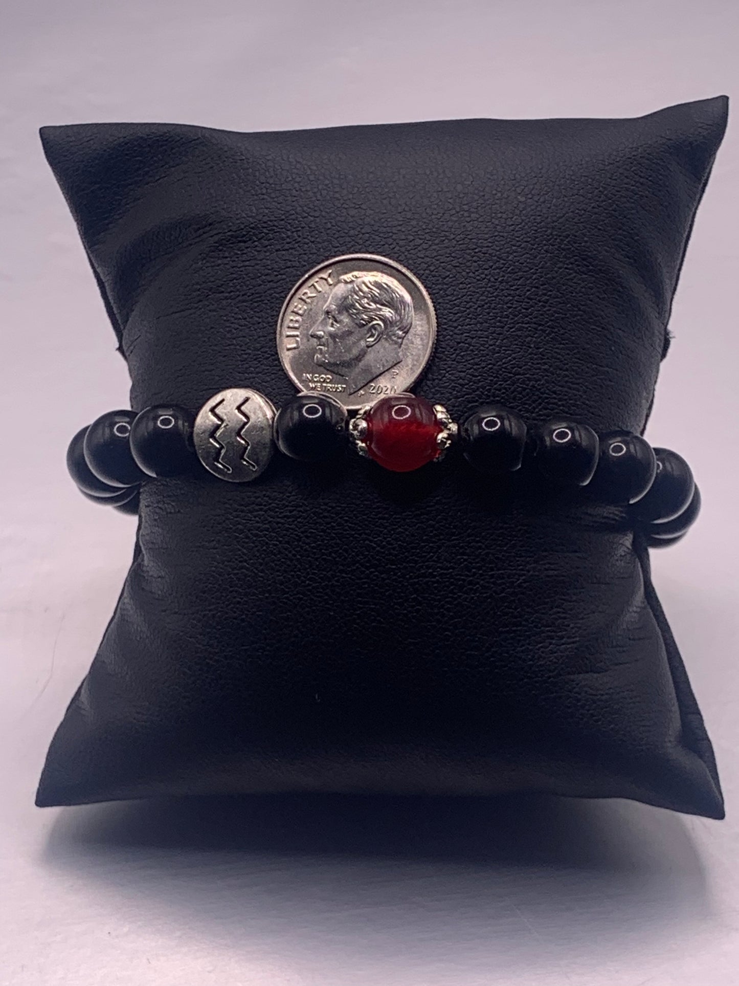 Aquarius Zodiac black obsidian with red chalcedony semi precious stone/crystal elastic beaded bracelet with silver accents