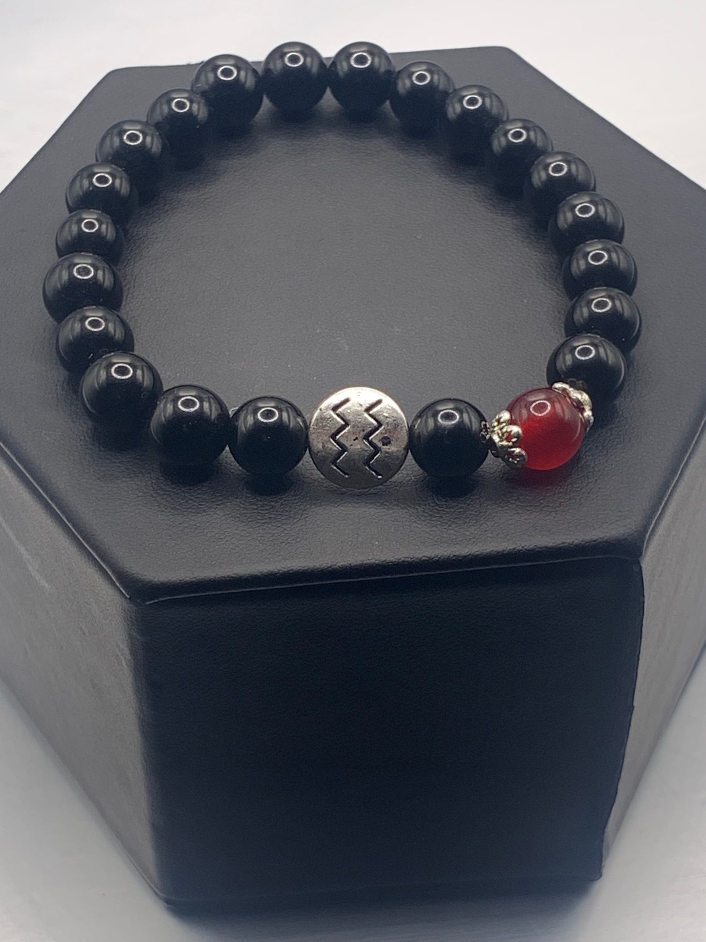 Aquarius Zodiac black obsidian with red chalcedony semi precious stone/crystal elastic beaded bracelet with silver accents