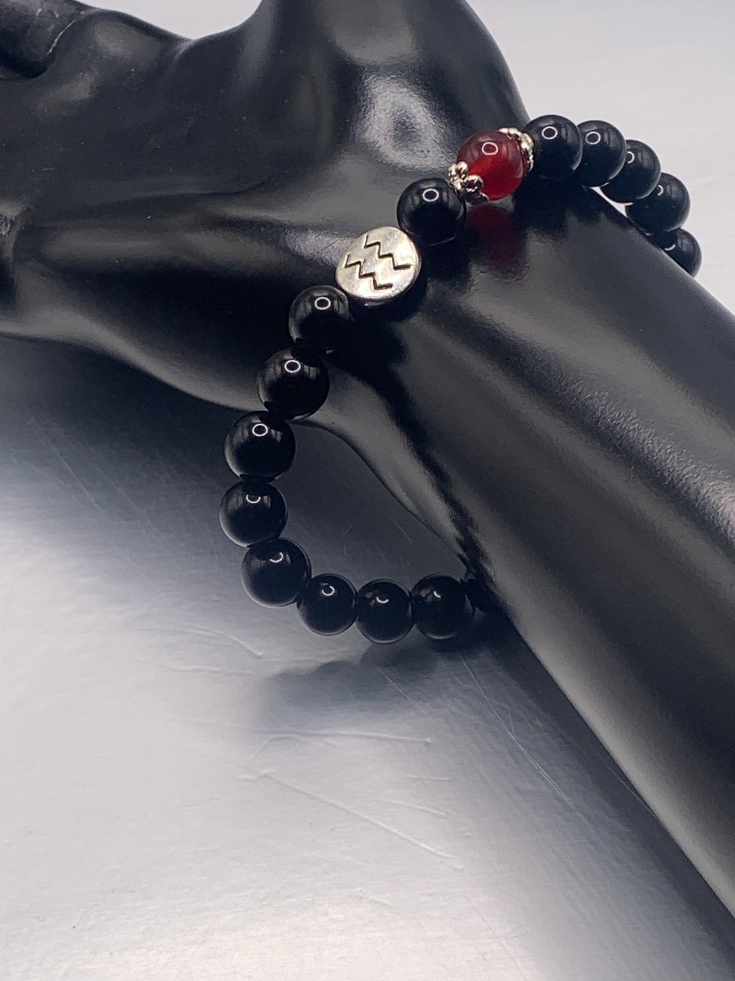 Aquarius Zodiac black obsidian with red chalcedony semi precious stone/crystal elastic beaded bracelet with silver accents