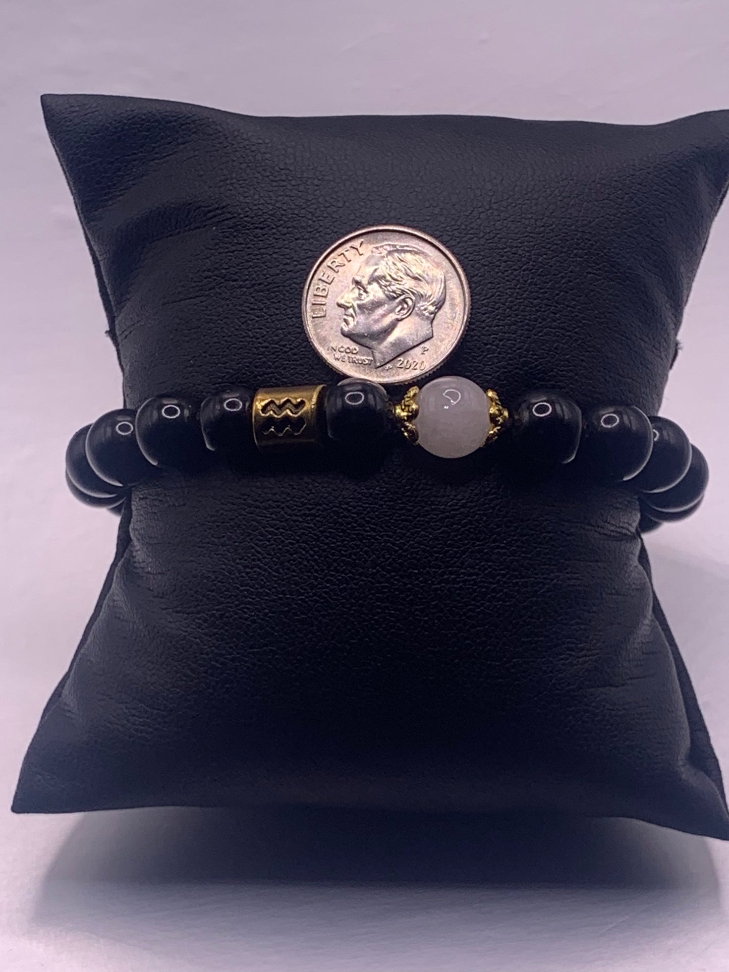 Aquarius Zodiac black obsidian with white chalcedony semi precious stone/crystal elastic beaded bracelet with gold accents