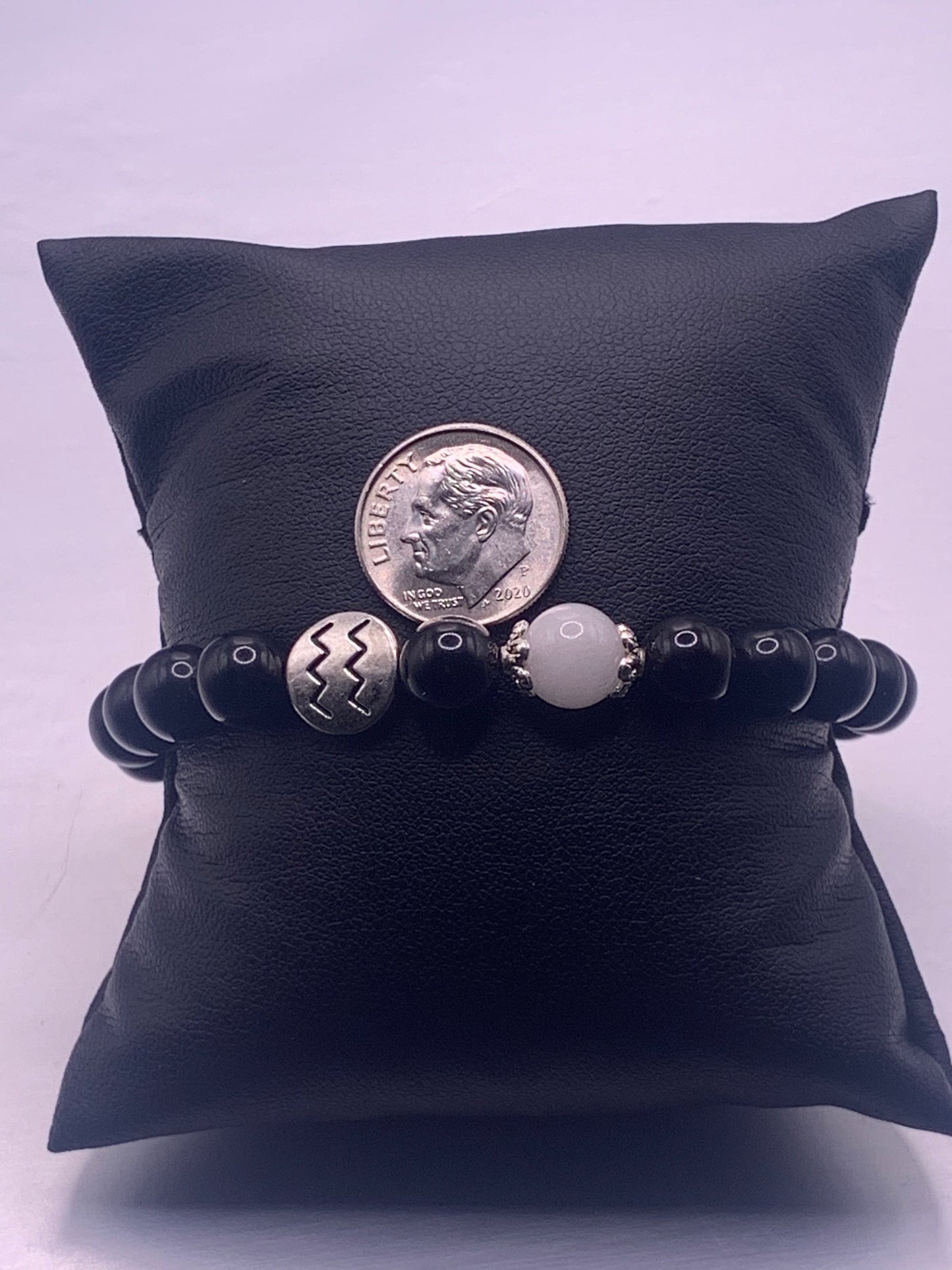 Aquarius Zodiac black obsidian with white chalcedony semi precious stone/crystal elastic beaded bracelet with silver accents
