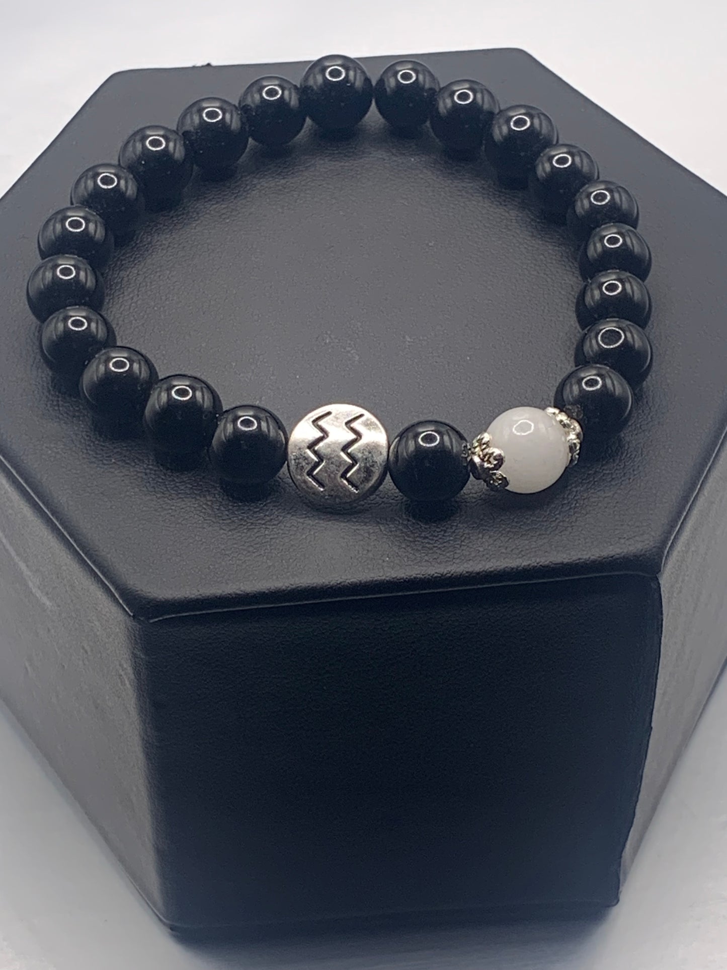 Aquarius Zodiac black obsidian with white chalcedony semi precious stone/crystal elastic beaded bracelet with silver accents