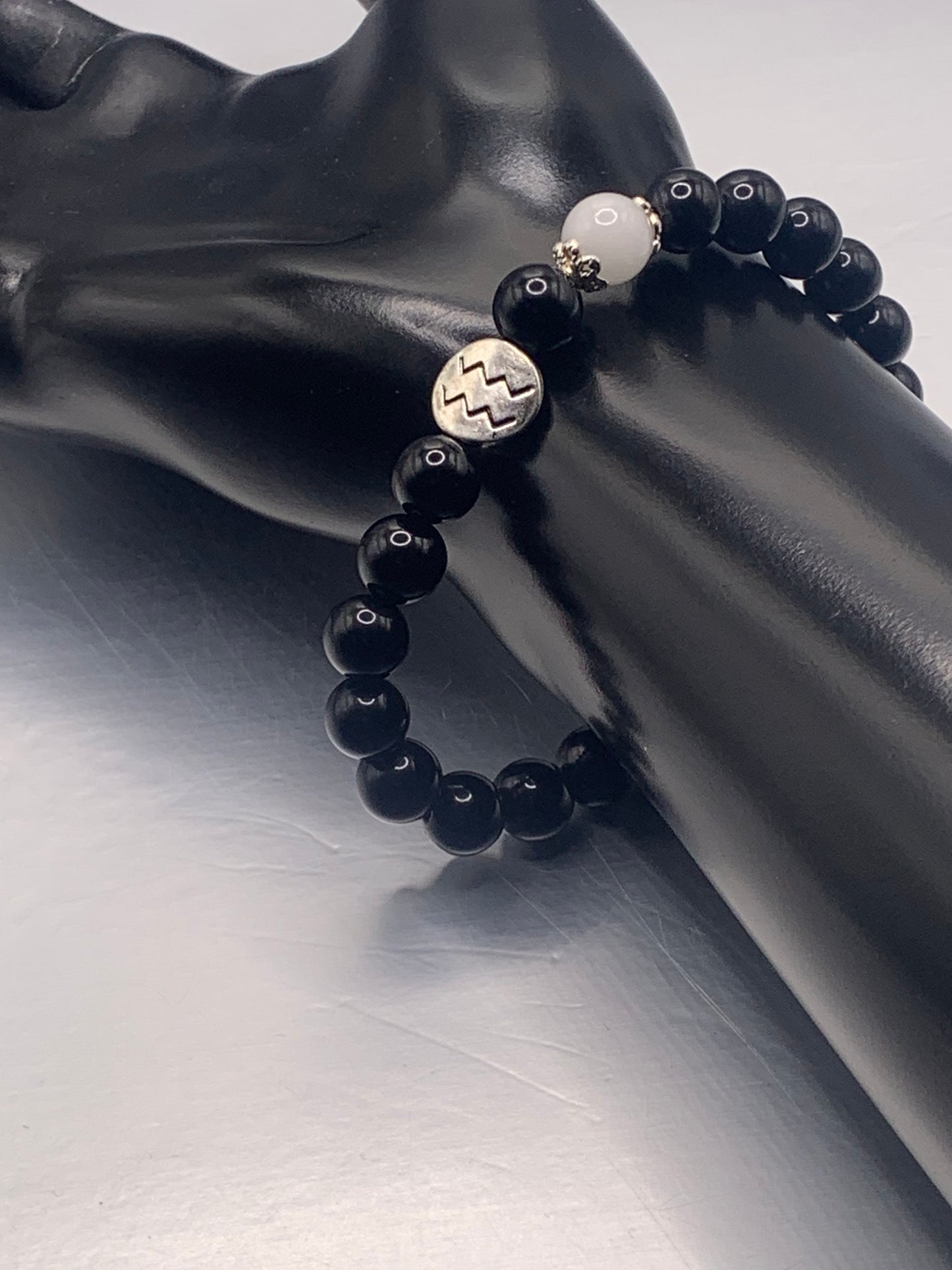 Aquarius Zodiac black obsidian with white chalcedony semi precious stone/crystal elastic beaded bracelet with silver accents