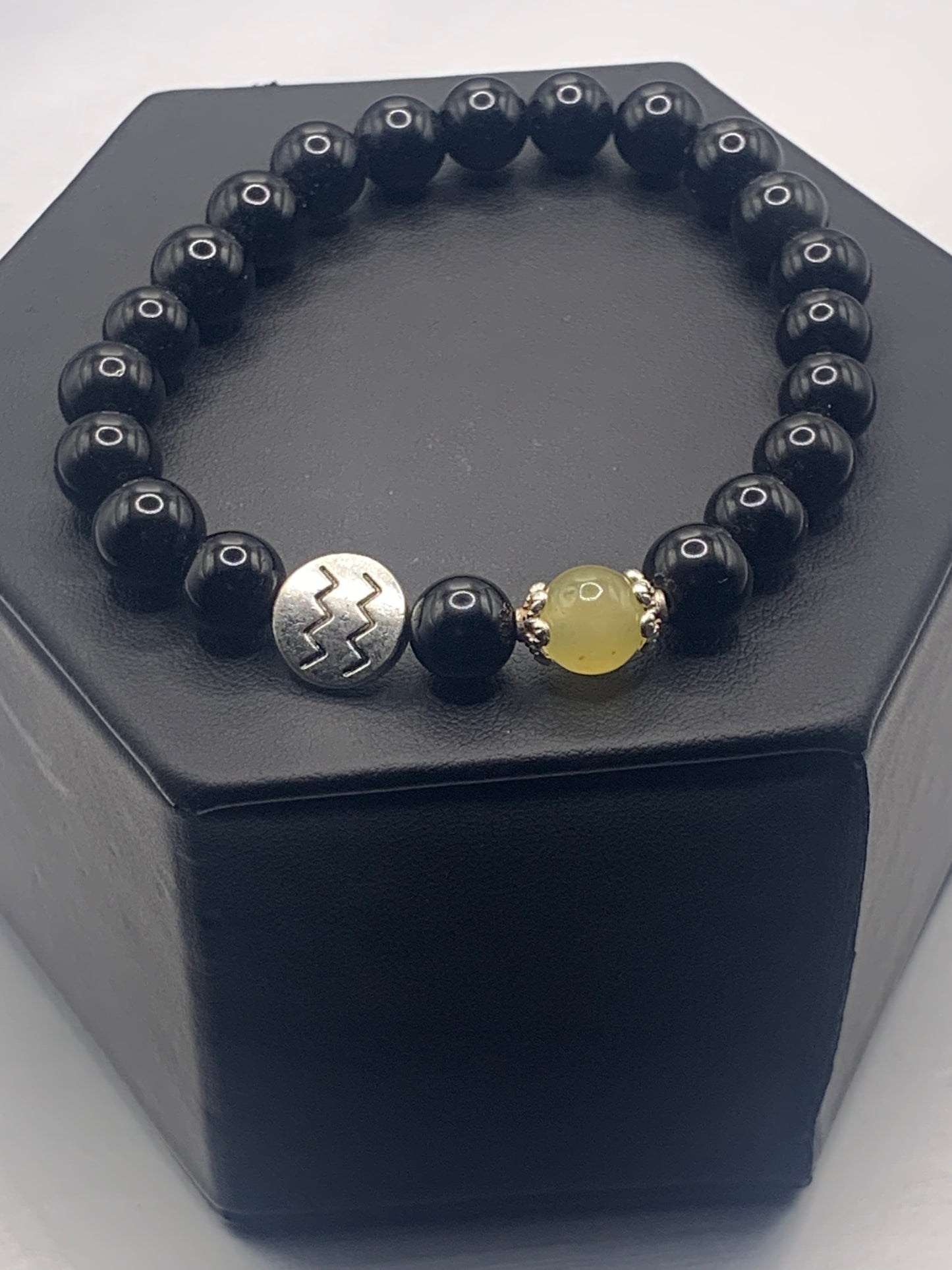 Aquarius Zodiac black obsidian with yellow agate semi precious stone/crystal elastic beaded bracelet with silver accents