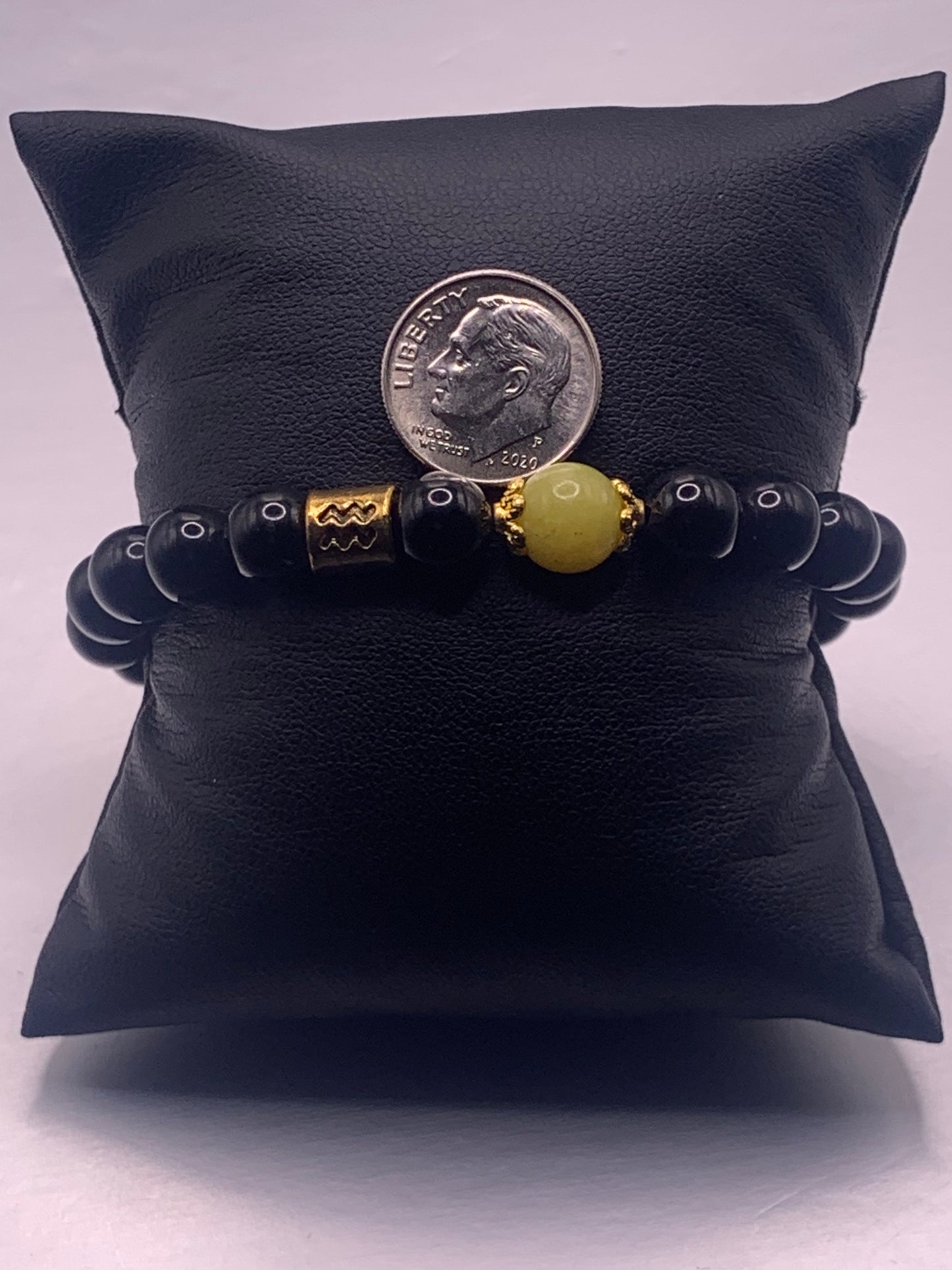 Aquarius Zodiac black obsidian with yellow jade semi precious stone/crystal elastic beaded bracelet with gold accents