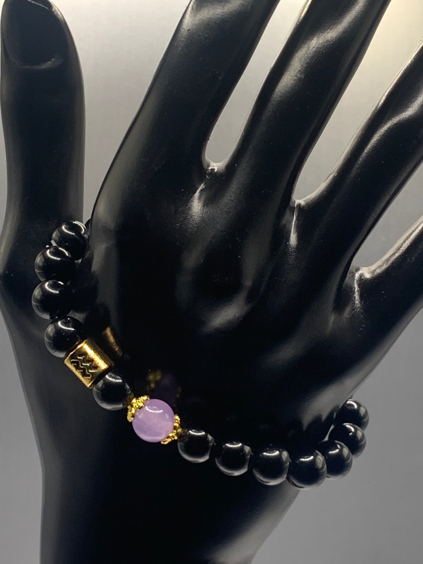 Aquarius Zodiac black obsidian with lavender agate semi precious stone/crystal elastic beaded bracelet with gold accents