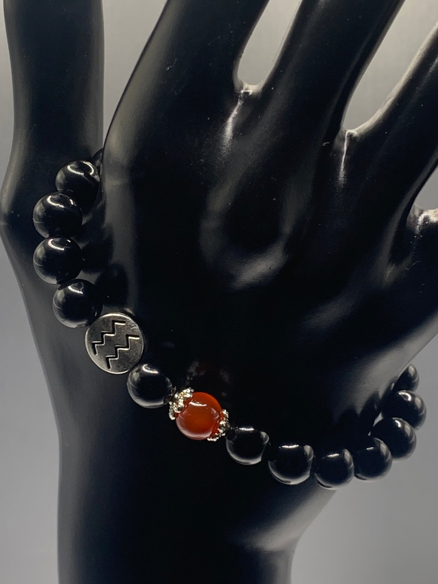 Aquarius Zodiac black obsidian with red agate semi precious stone/crystal elastic beaded bracelet with silver accents