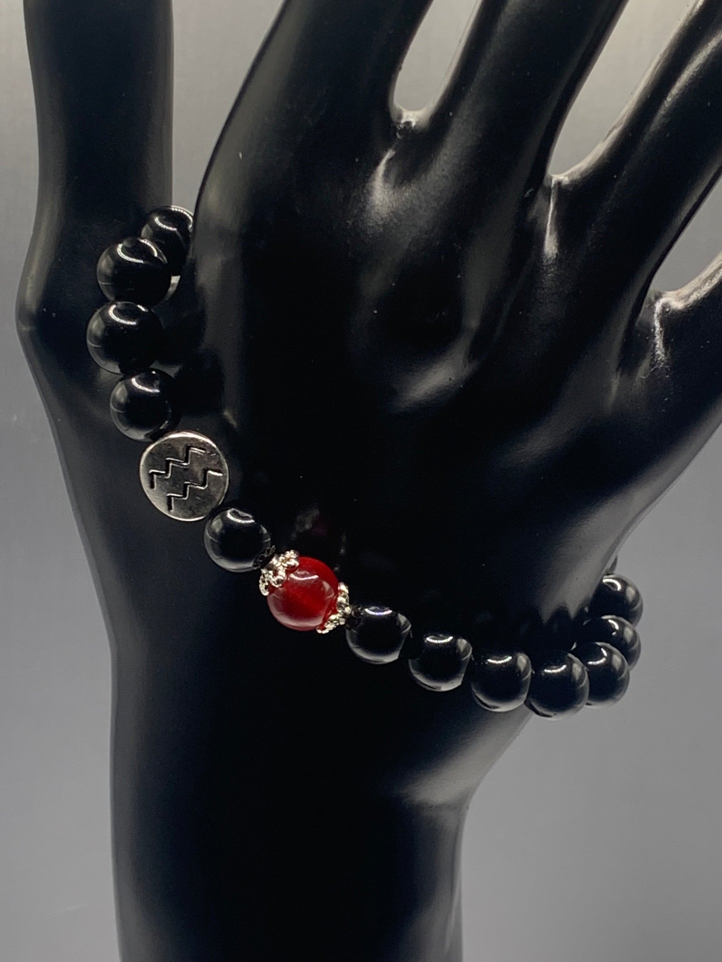 Aquarius Zodiac black obsidian with red chalcedony semi precious stone/crystal elastic beaded bracelet with silver accents