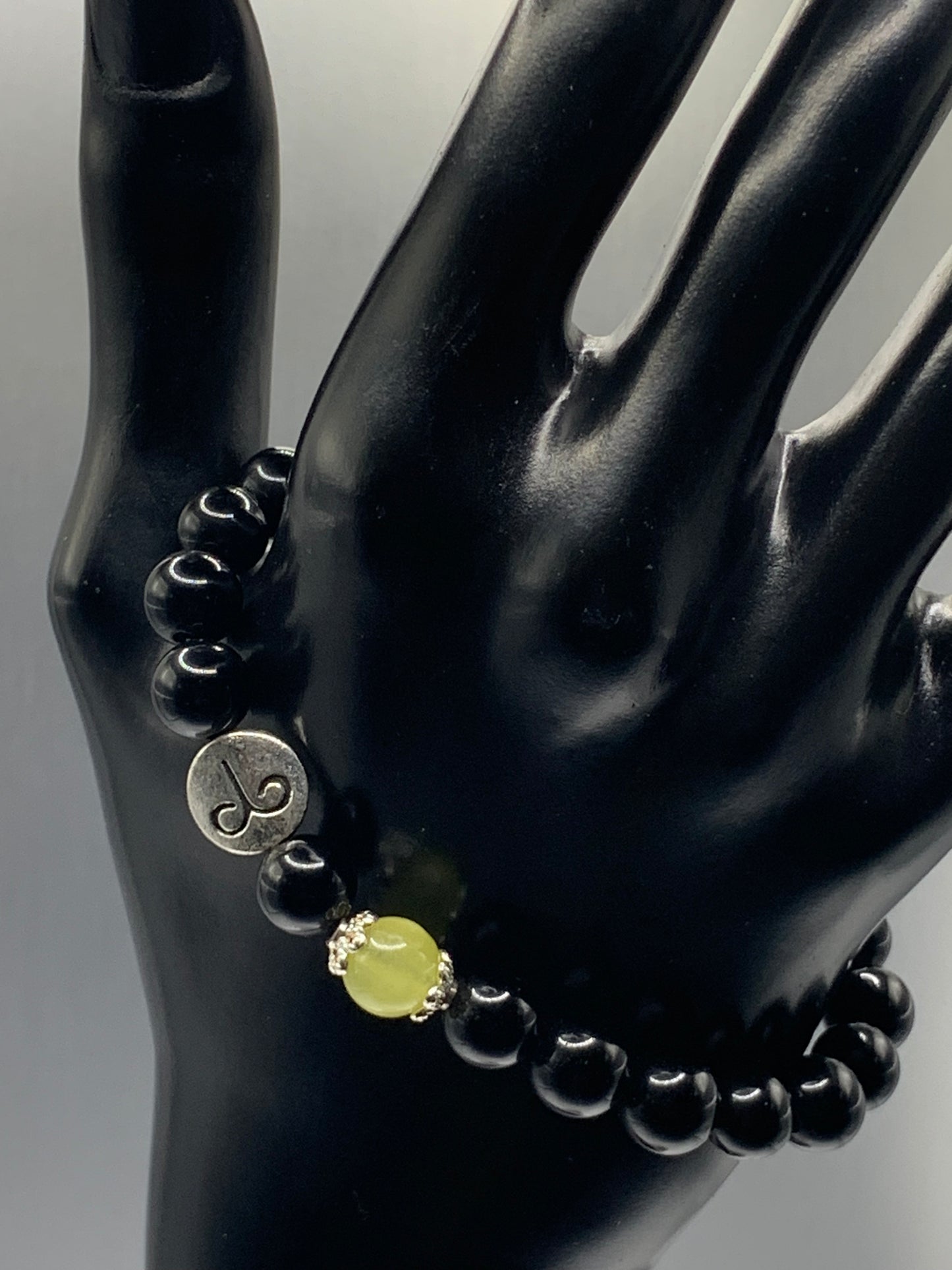 Aries Zodiac black obsidian with apple agate semi precious stone/crystal elastic beaded bracelet with silver accents
