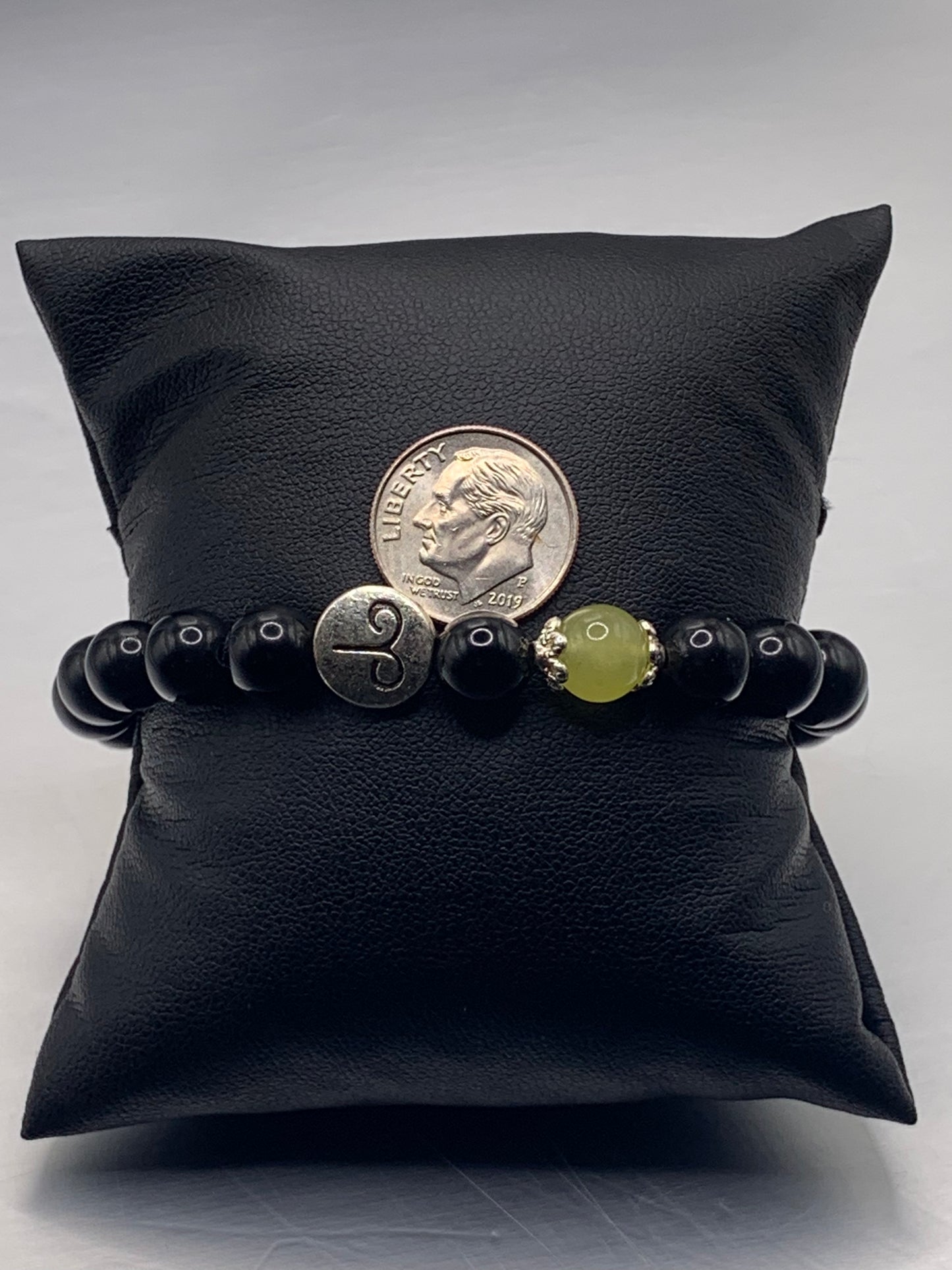 Aries Zodiac black obsidian with apple agate semi precious stone/crystal elastic beaded bracelet with silver accents