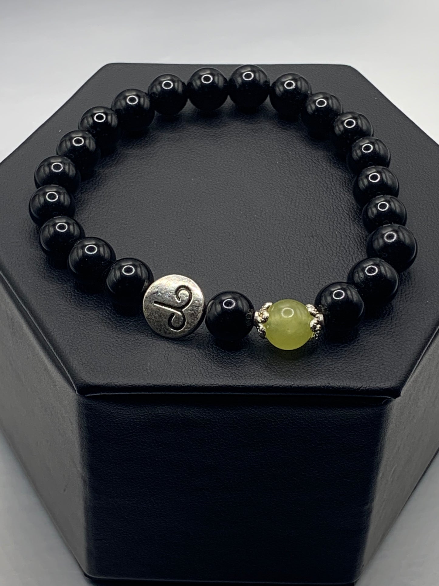 Aries Zodiac black obsidian with apple agate semi precious stone/crystal elastic beaded bracelet with silver accents