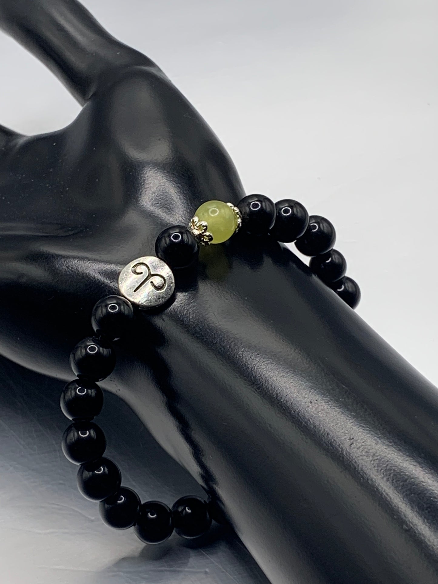 Aries Zodiac black obsidian with apple agate semi precious stone/crystal elastic beaded bracelet with silver accents