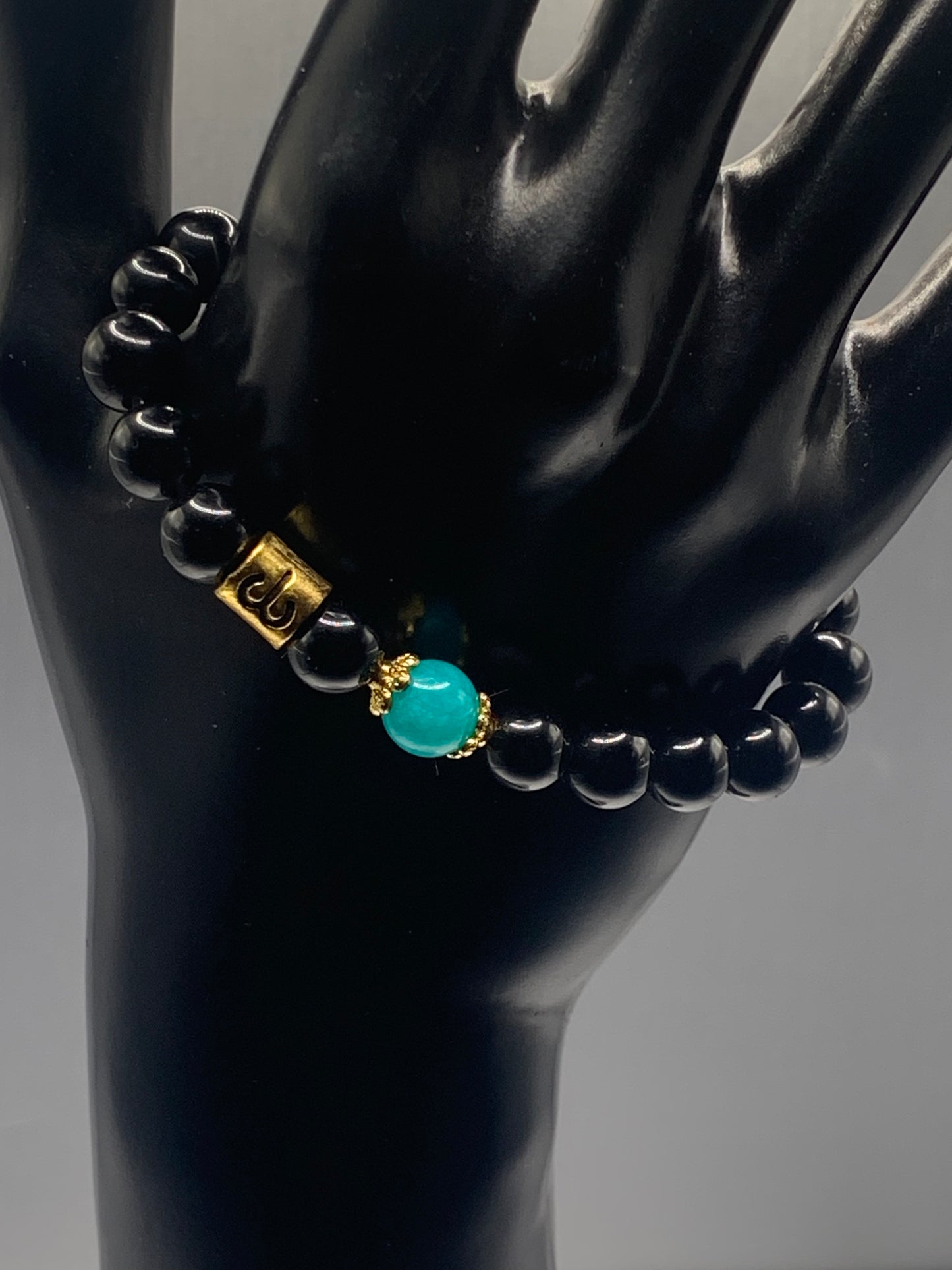 Aries Zodiac black obsidian with aquamarine chalcedony semi precious stone/crystal elastic beaded bracelet with gold accents