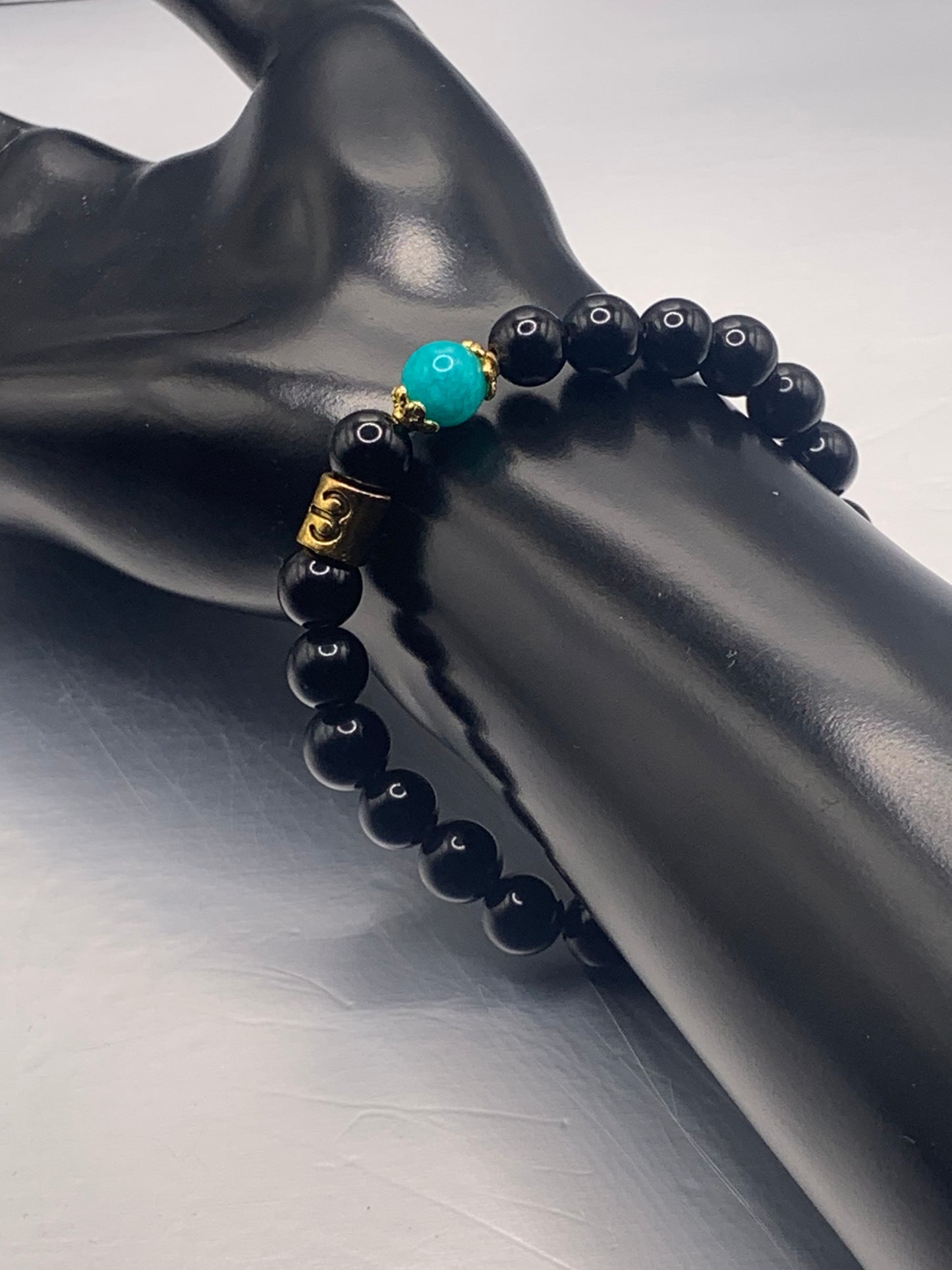 Aries Zodiac black obsidian with aquamarine chalcedony semi precious stone/crystal elastic beaded bracelet with gold accents