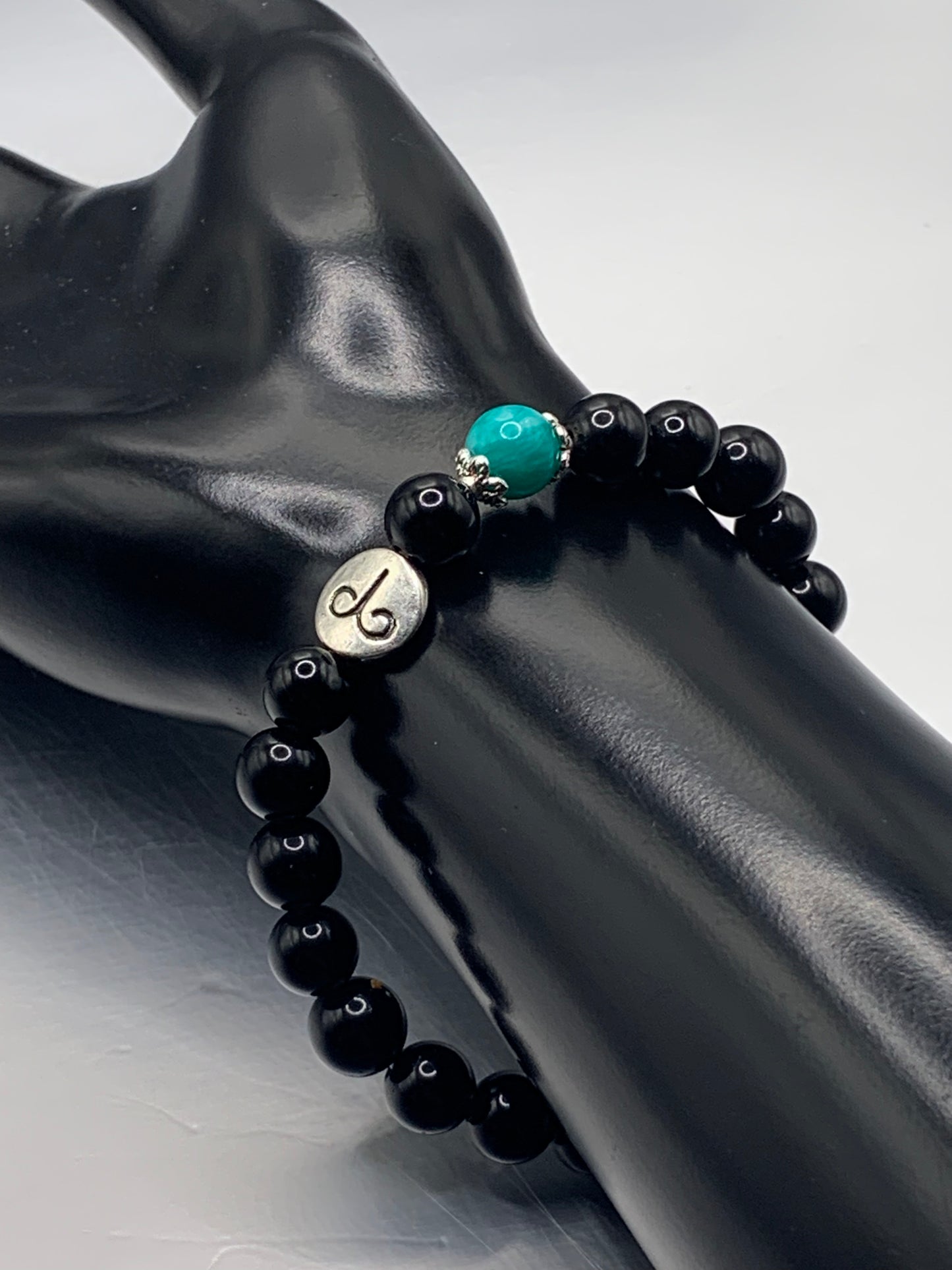 Aries Zodiac black obsidian with aquamarine chalcedony semi precious stone/crystal elastic beaded bracelet with silver accents