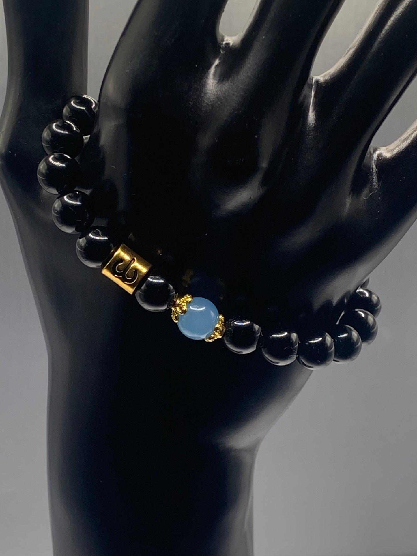 Aries Zodiac black obsidian with blue agate semi precious stone/crystal elastic beaded bracelet with gold accents
