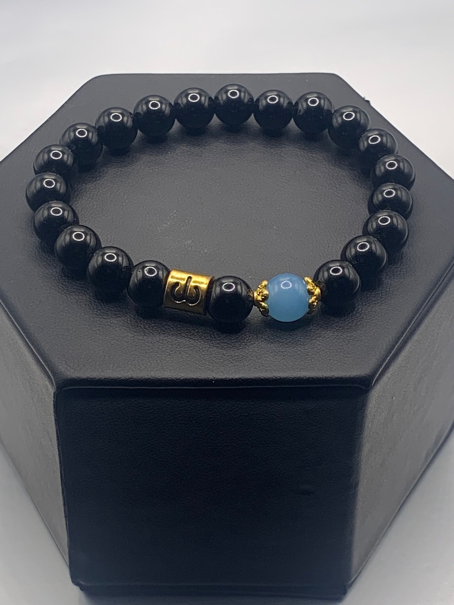 Aries Zodiac black obsidian with blue agate semi precious stone/crystal elastic beaded bracelet with gold accents
