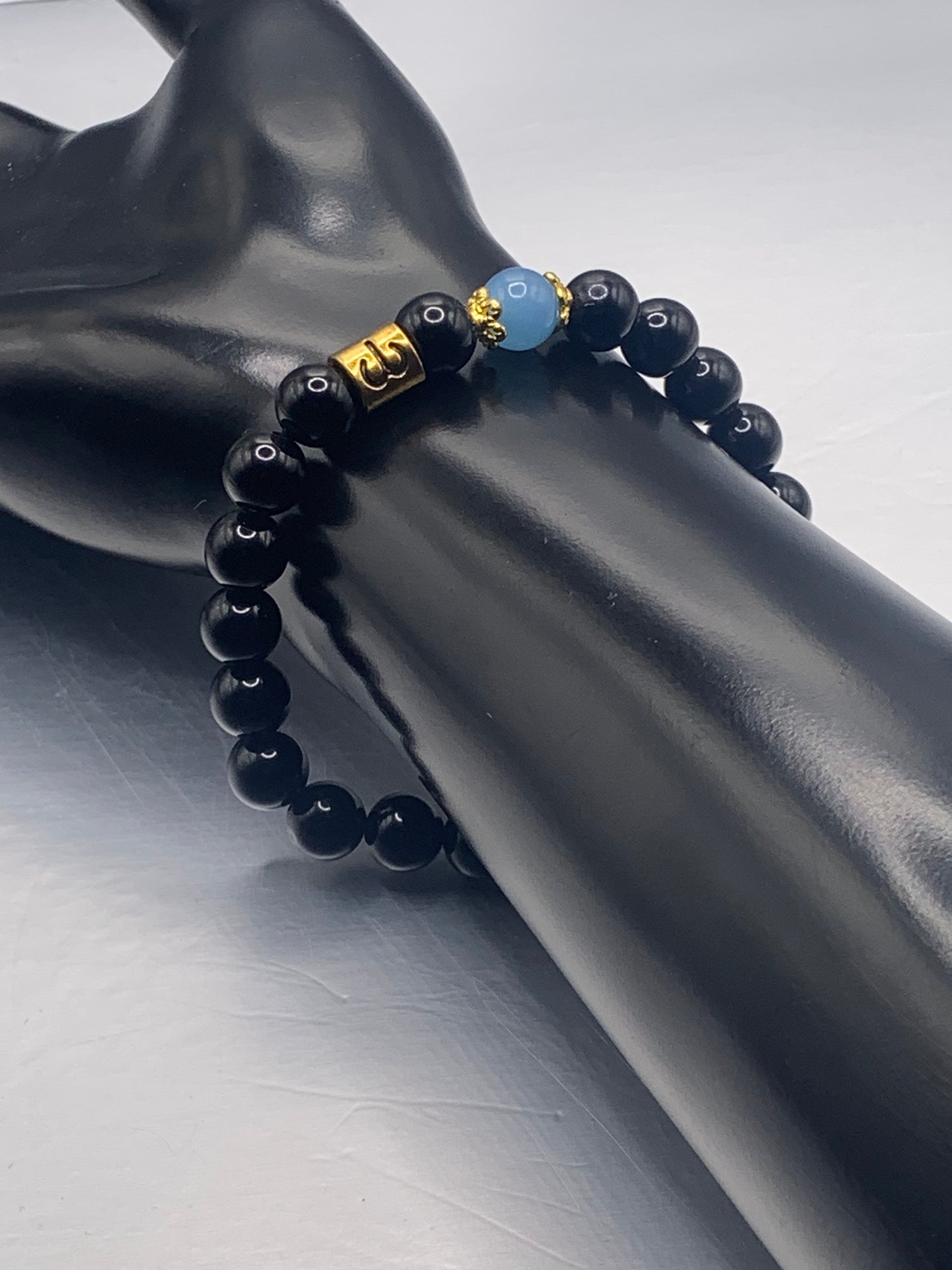Aries Zodiac black obsidian with blue agate semi precious stone/crystal elastic beaded bracelet with gold accents