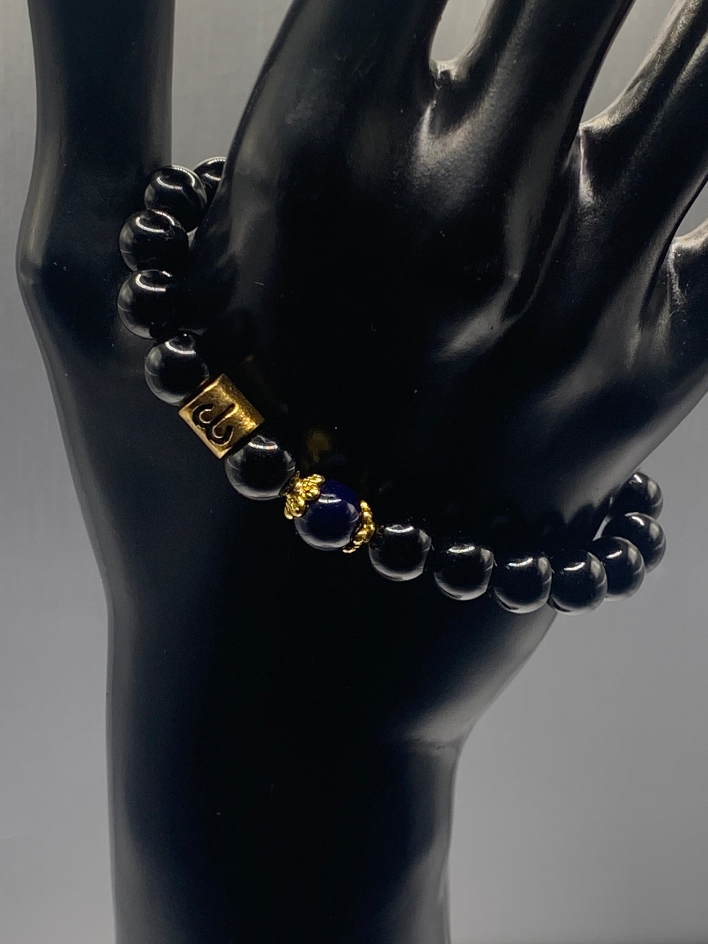 Aries Zodiac black obsidian with blue lace agate semi precious stone/crystal elastic beaded bracelet with gold accents